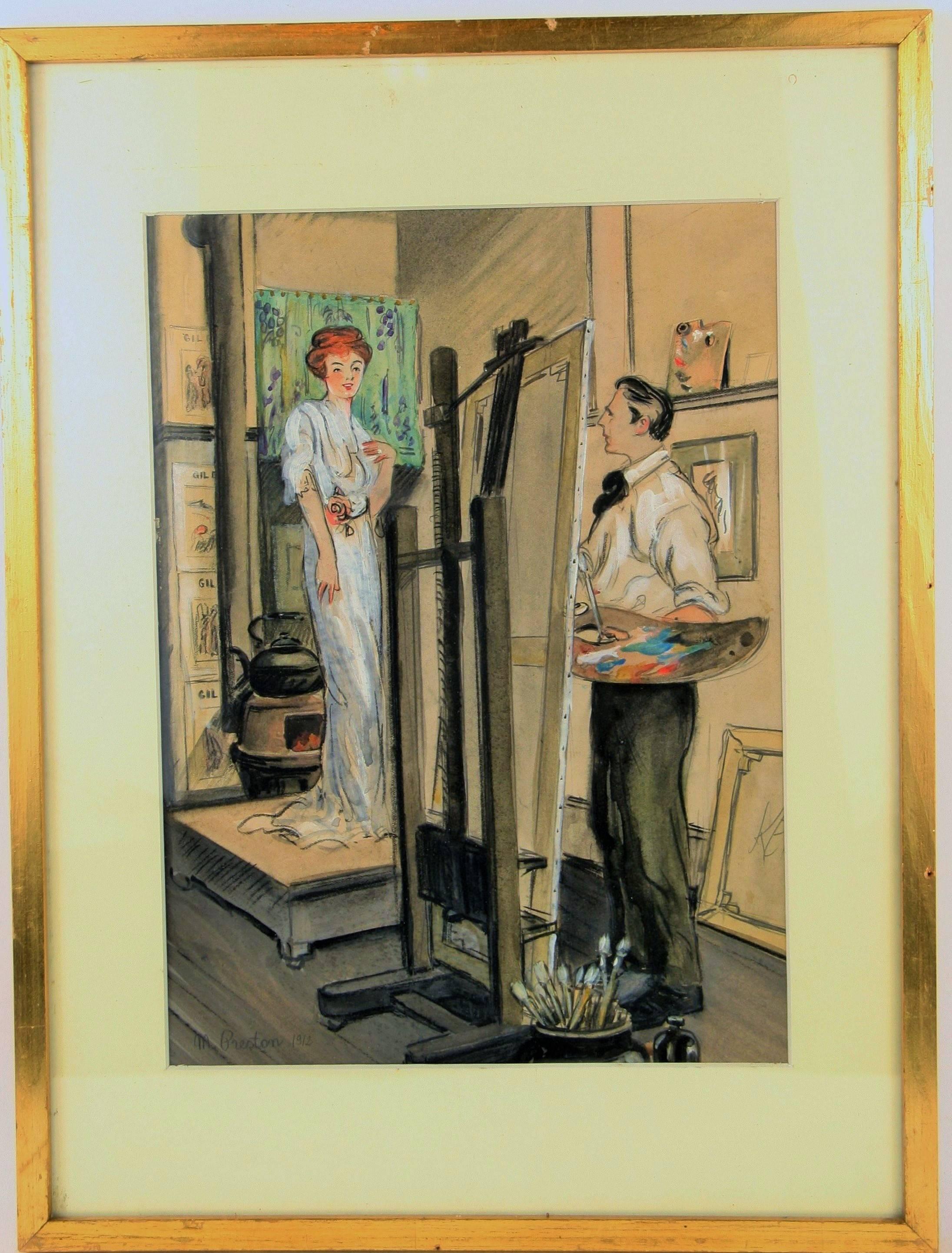 #5-2857 Posing at the artist studio. A 1912 original gouache on paper displayed in a mat -gilt wood frame and glass.Signed lower left by M.Preston 1912's.
Image size 12.5 H x 9