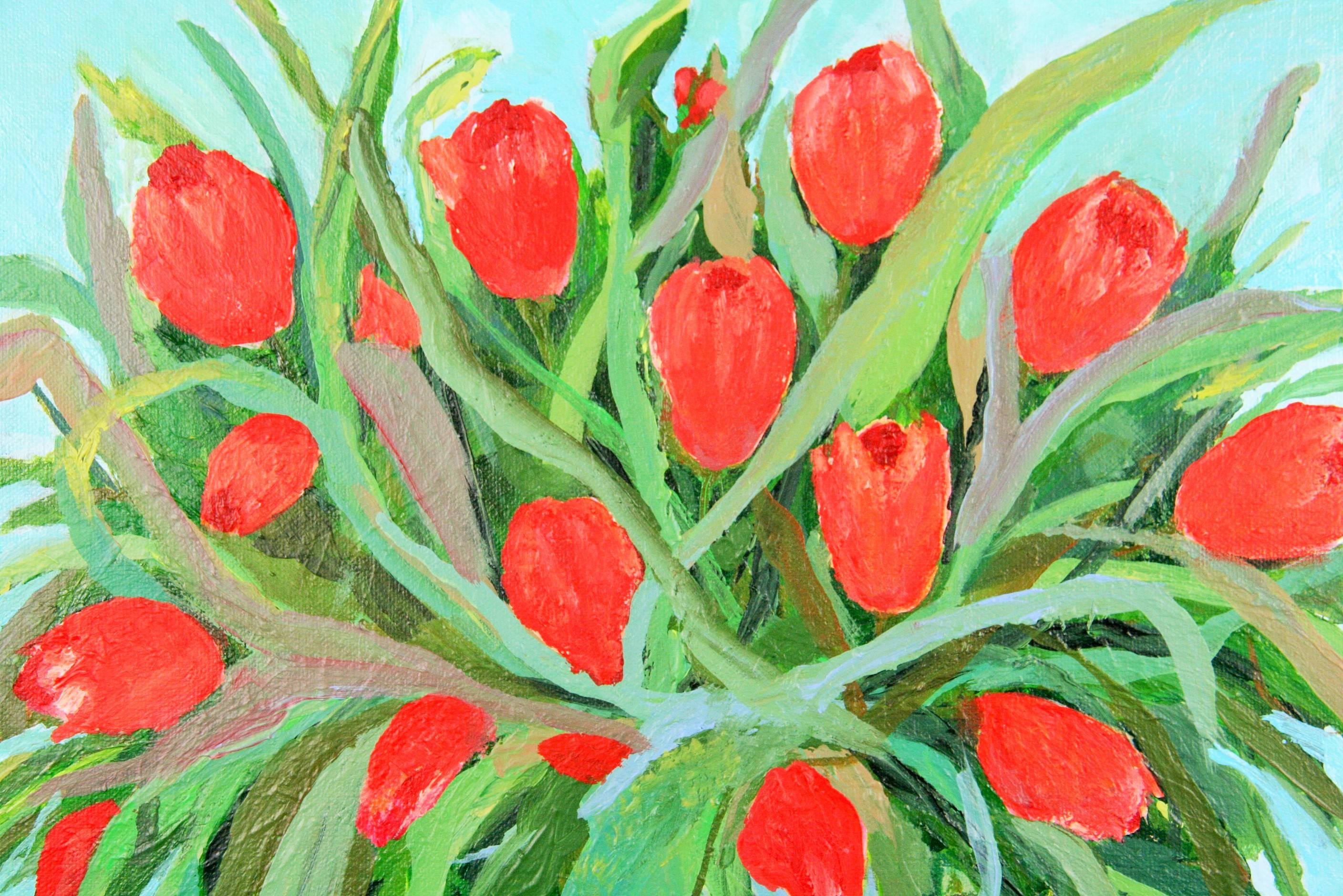 #-2861 Red tulips in a vase,impressionistic style, a conyemporary acrylic on canvas ,signed lower left by P.Russo
Unframed