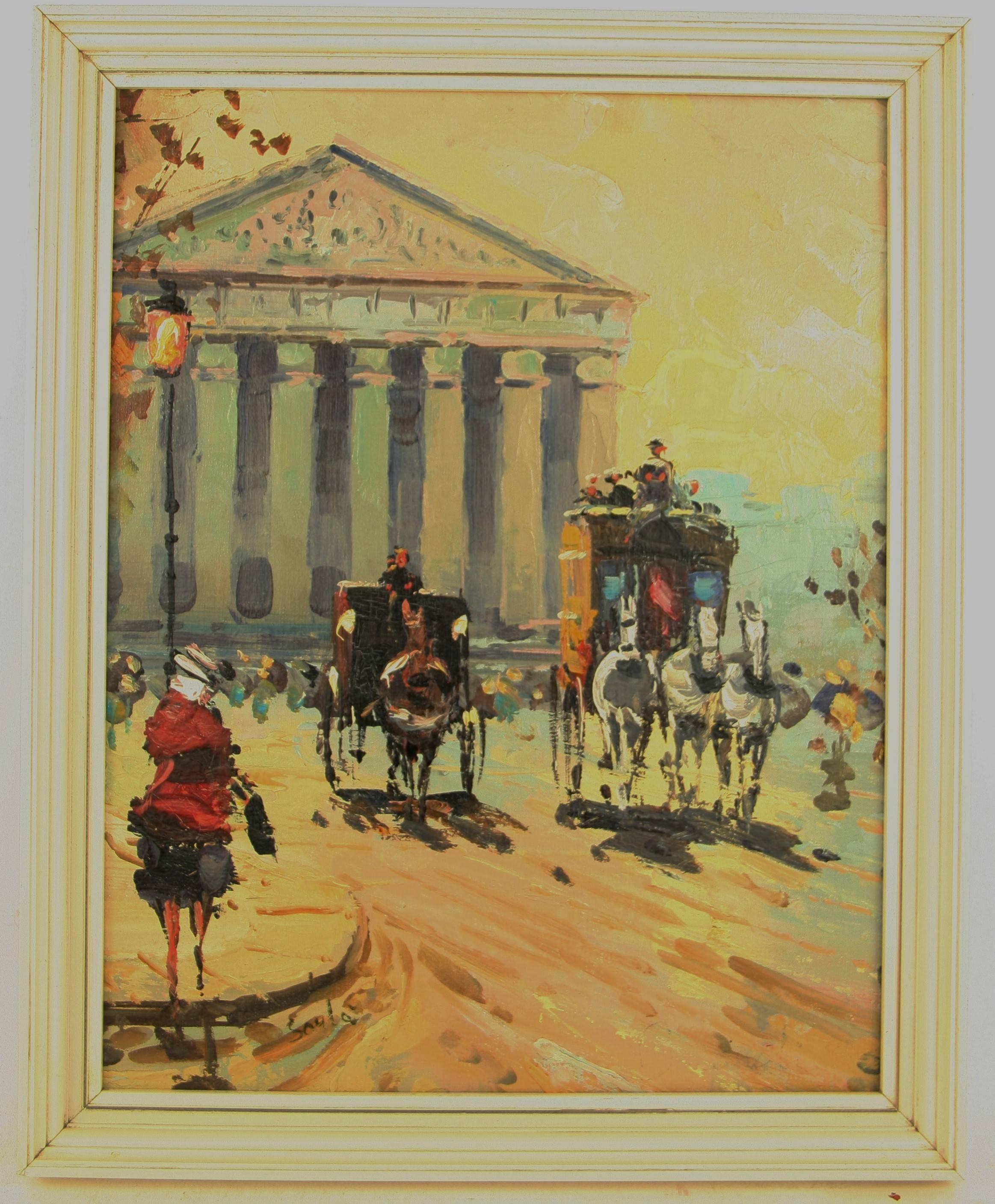 #5-2871 Old Paris scene, a vintage acrylic on artist board signed by Soula` ,displayed in a white wood frame.