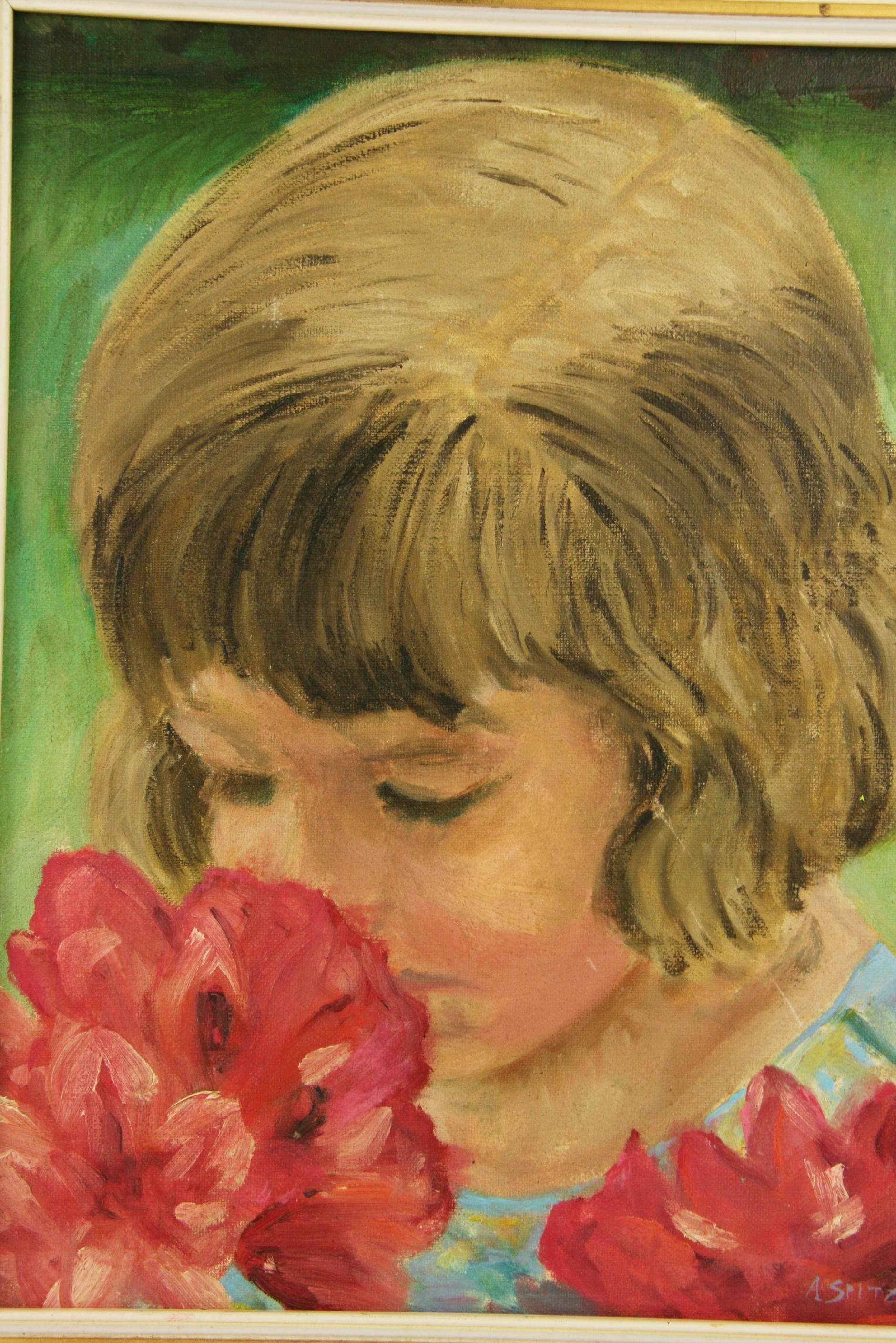 Smelling the Roses Figurative  Portrait - Painting by Unknown