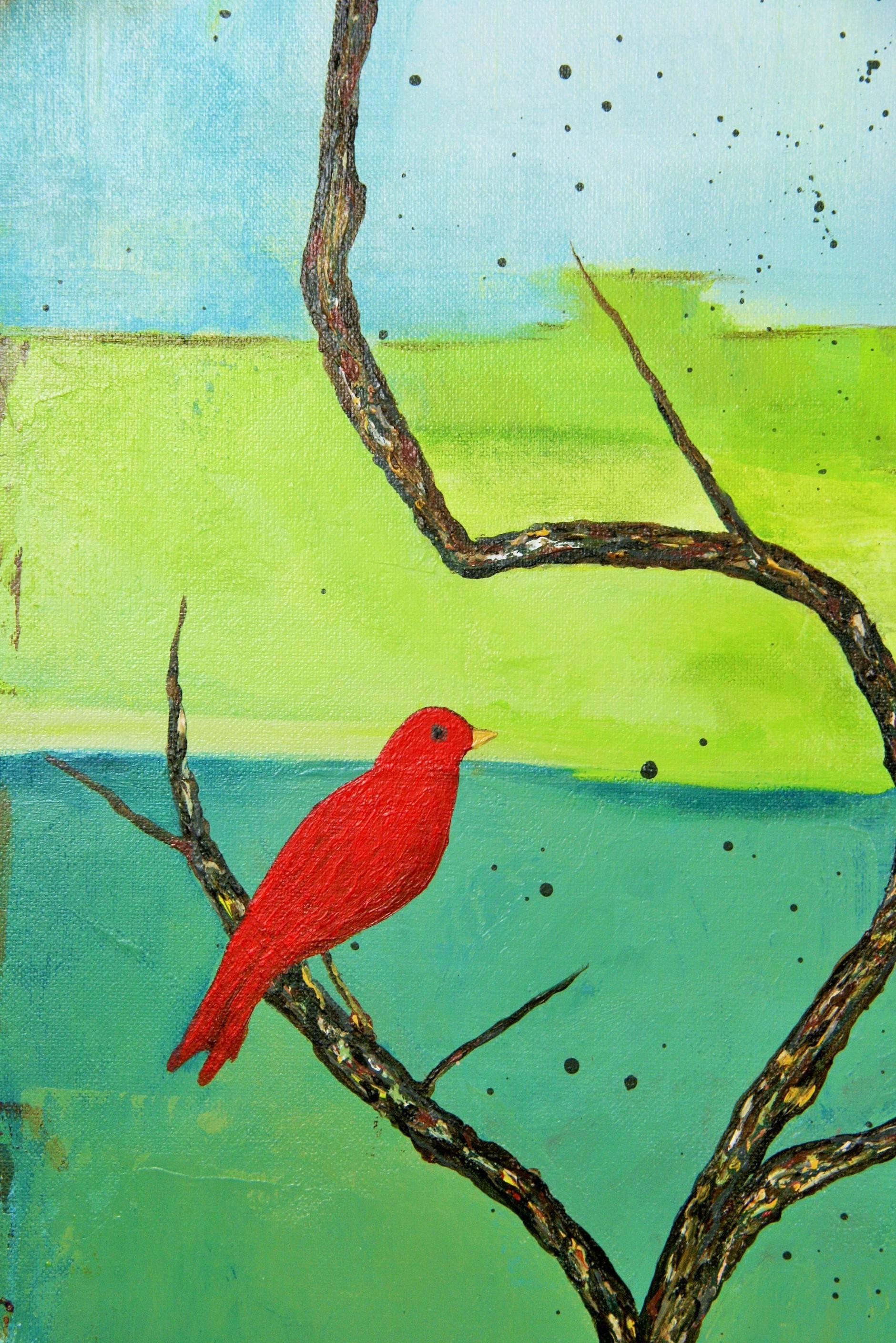 #5-2891 A scarlet tanangers birds, contemporary acrylic on canvas displayed in a siler-gold wood vintage frame.Signed lower left by P.Russo.