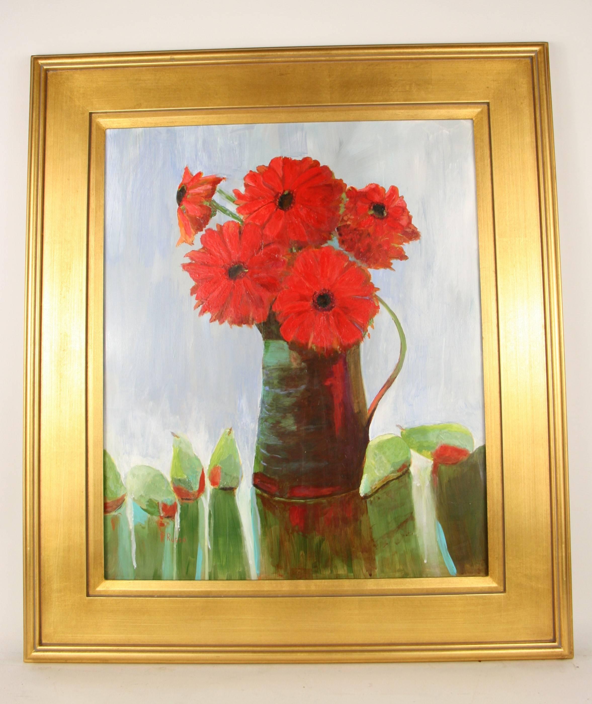 #5-2900 A red bouquet in a pitcher, contemporary still life,acrylic on board displayed in a gilt wood frame ,signed lower left by P.Russo.Image size 19.5 H x 23 W
