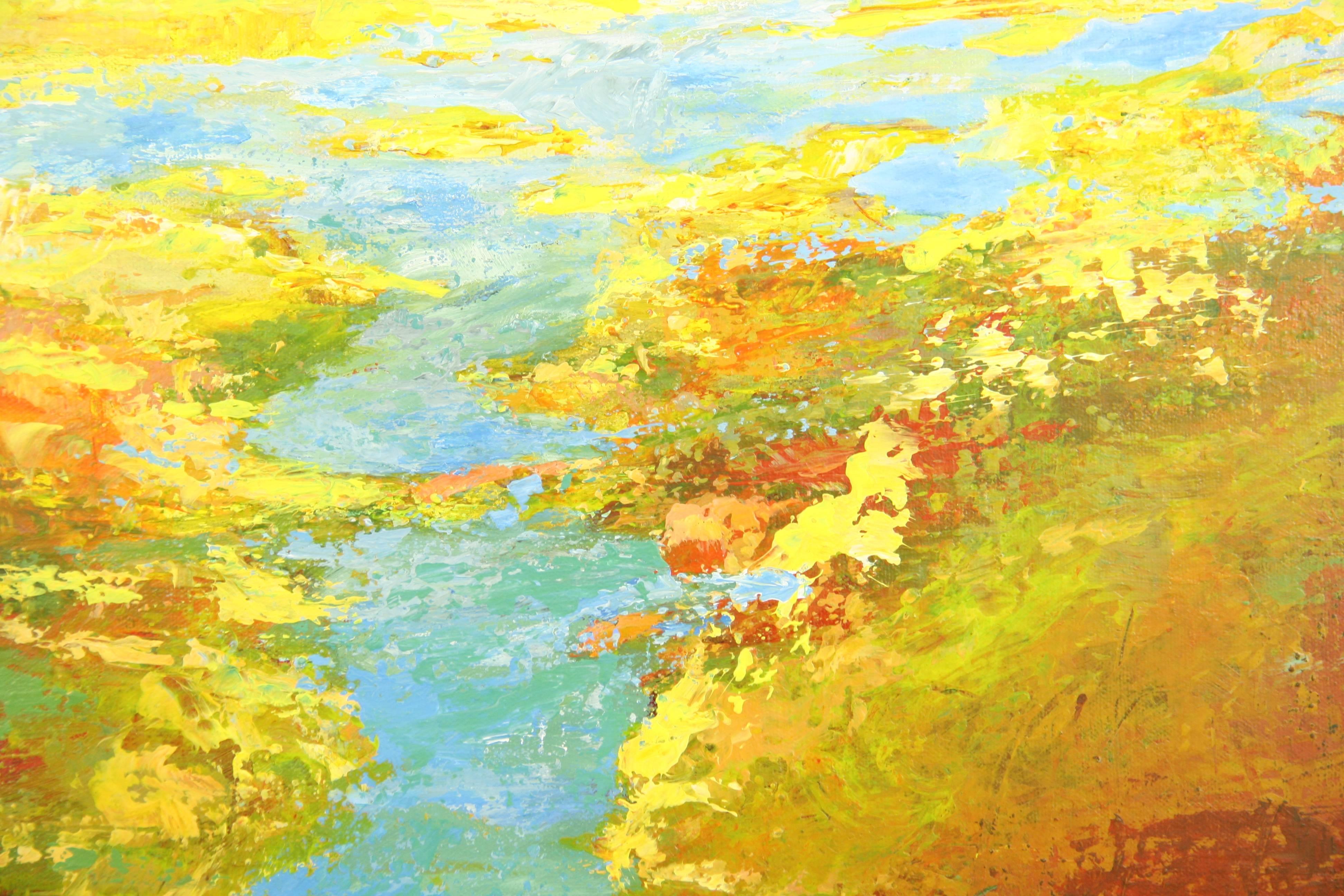 #5-2909 Marshes,a contemporary abstract painting,acrylic on canvas displayed in a gilt wood frame,signed by P.Russo.Image size 20 H x 24 w