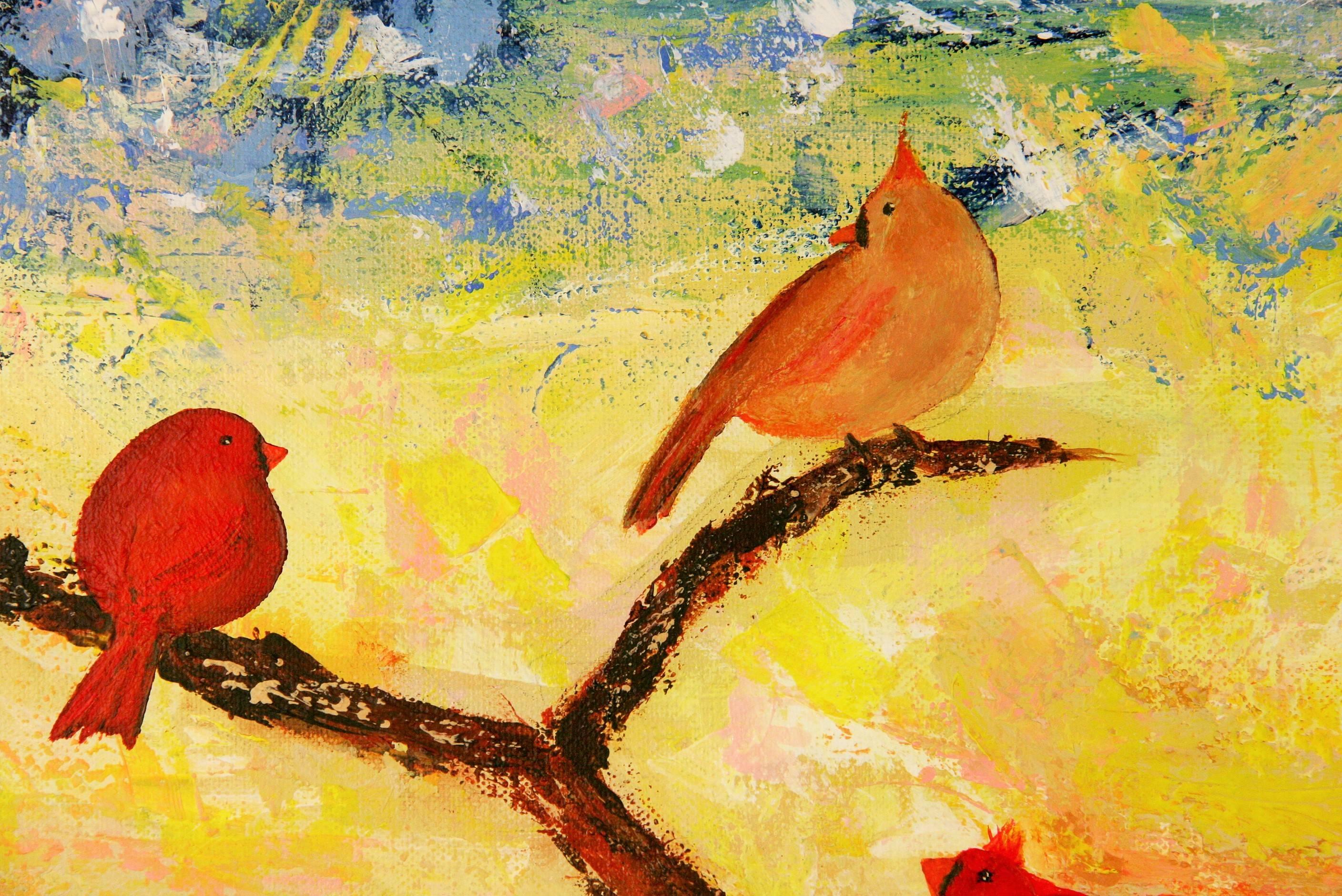 Cardinals Bird Landscape   - Brown Animal Painting by Unknown