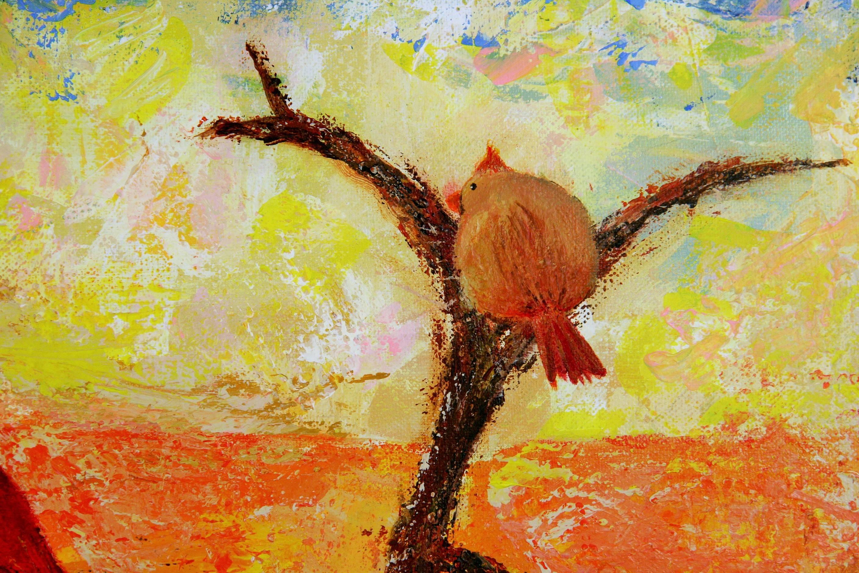 5-2912  Cardinals male and ;female  birds  ,acrylic palette -brush on canvas,signed  lower left by Namay.Unframed
