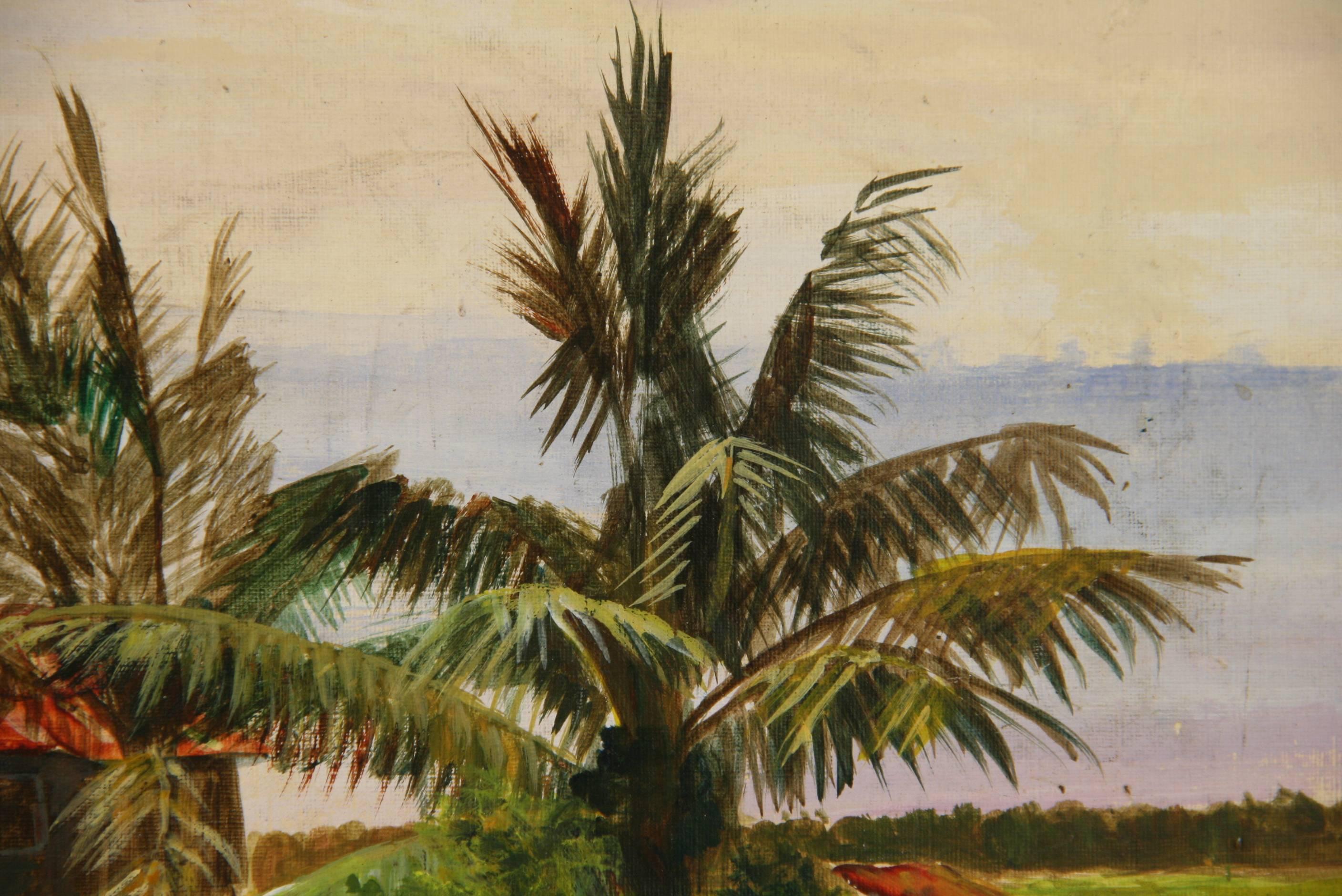 #5-2917 Tropic Island painting ,gouache on artist board,displayed in a gilt wood frame,signed by .Nova lower right.Image size 10.5 H X 13
