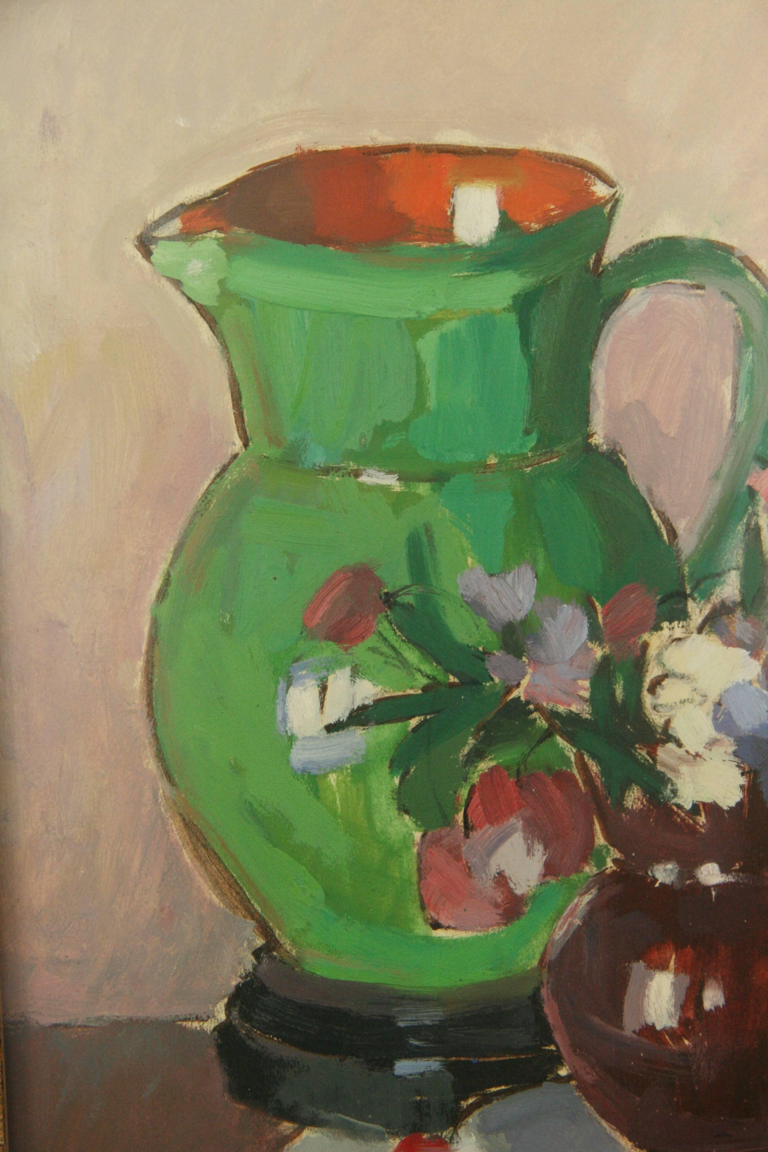 Impressionist Green Pitcher Still Life Table Setting  Gouache  - Painting by Unknown