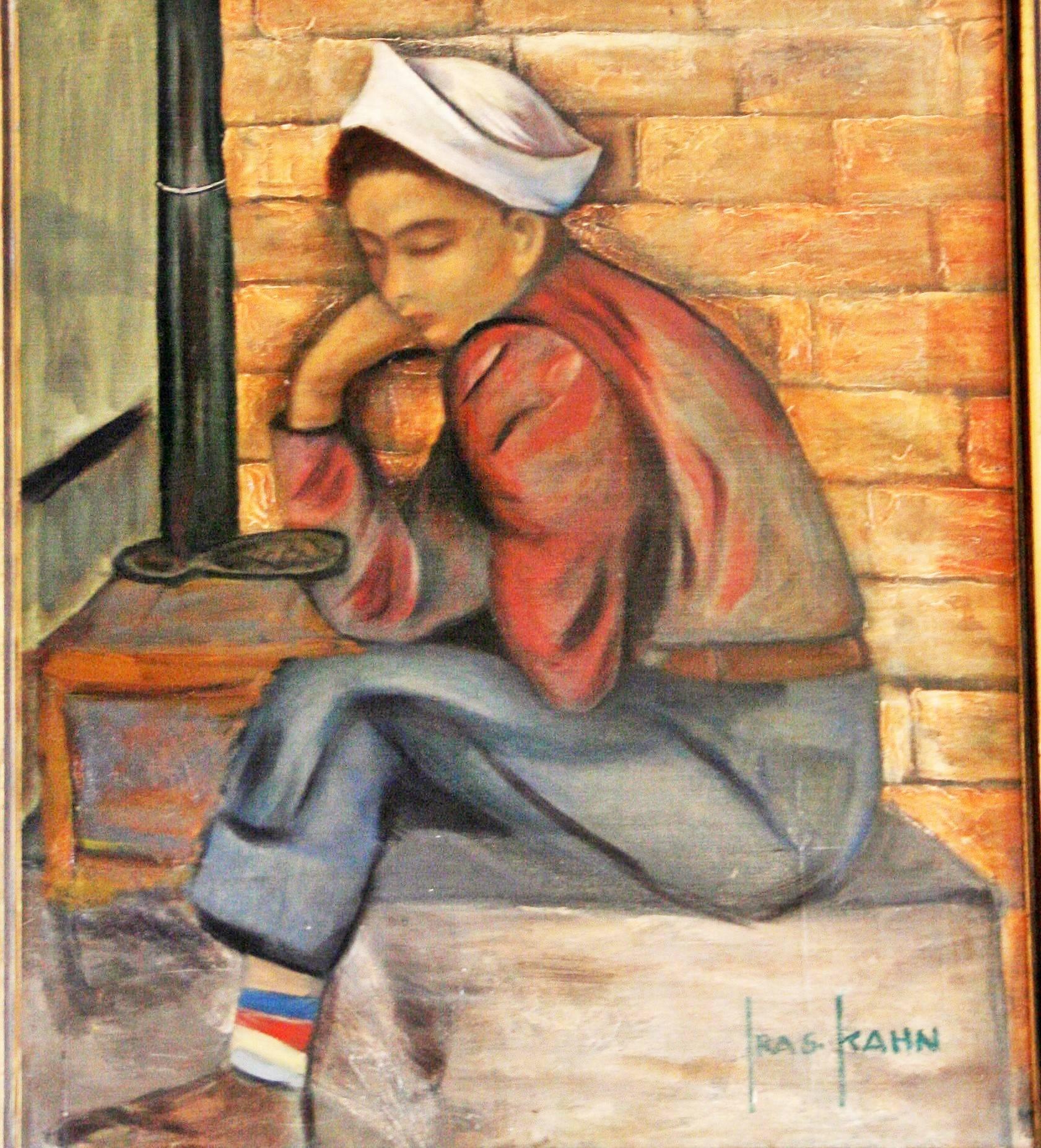 Resting Boy Portrait Painting - Gray Figurative Painting by Iras Kan