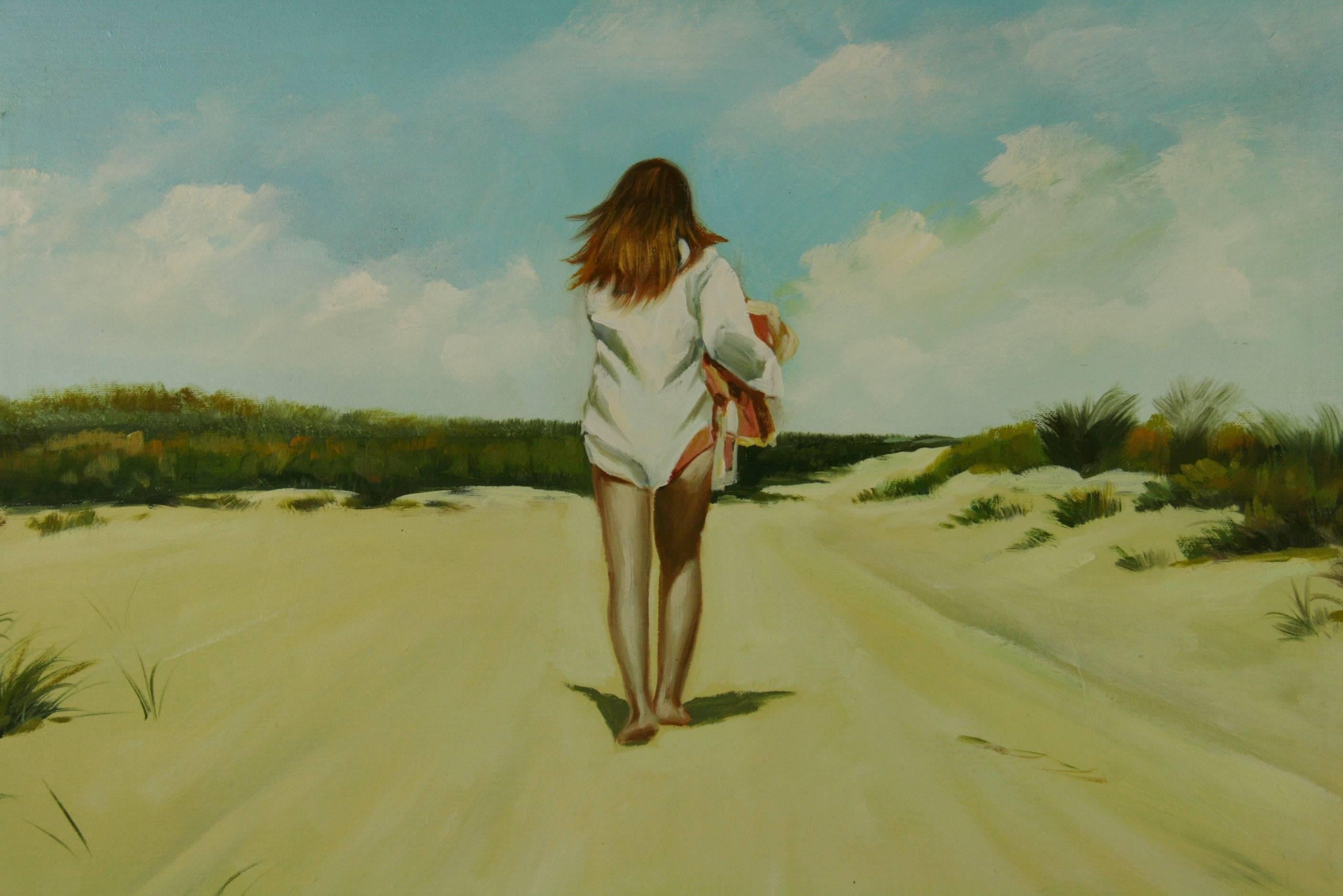 Hamptons Beach Walking Figurative Painting - Brown Landscape Painting by Unknown