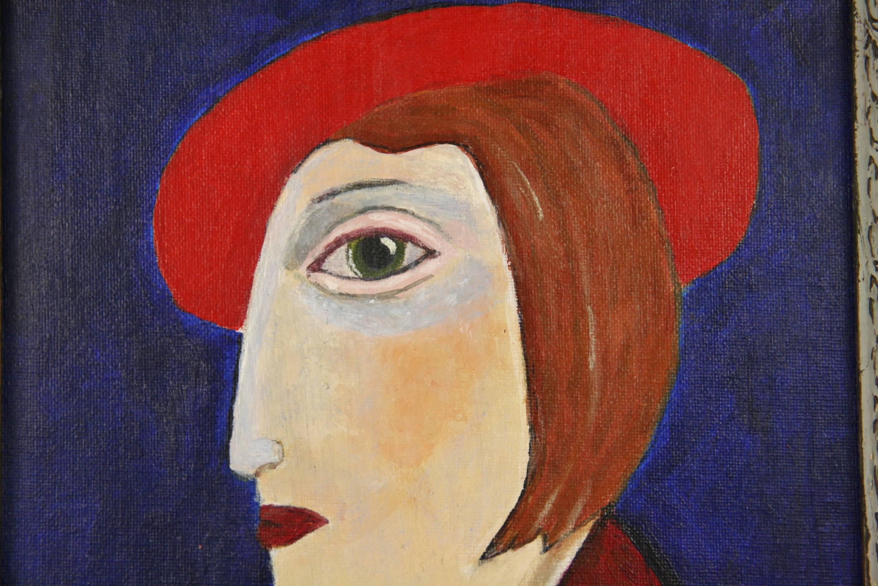 Red Hat Portrait Painting - Black Figurative Painting by Unknown