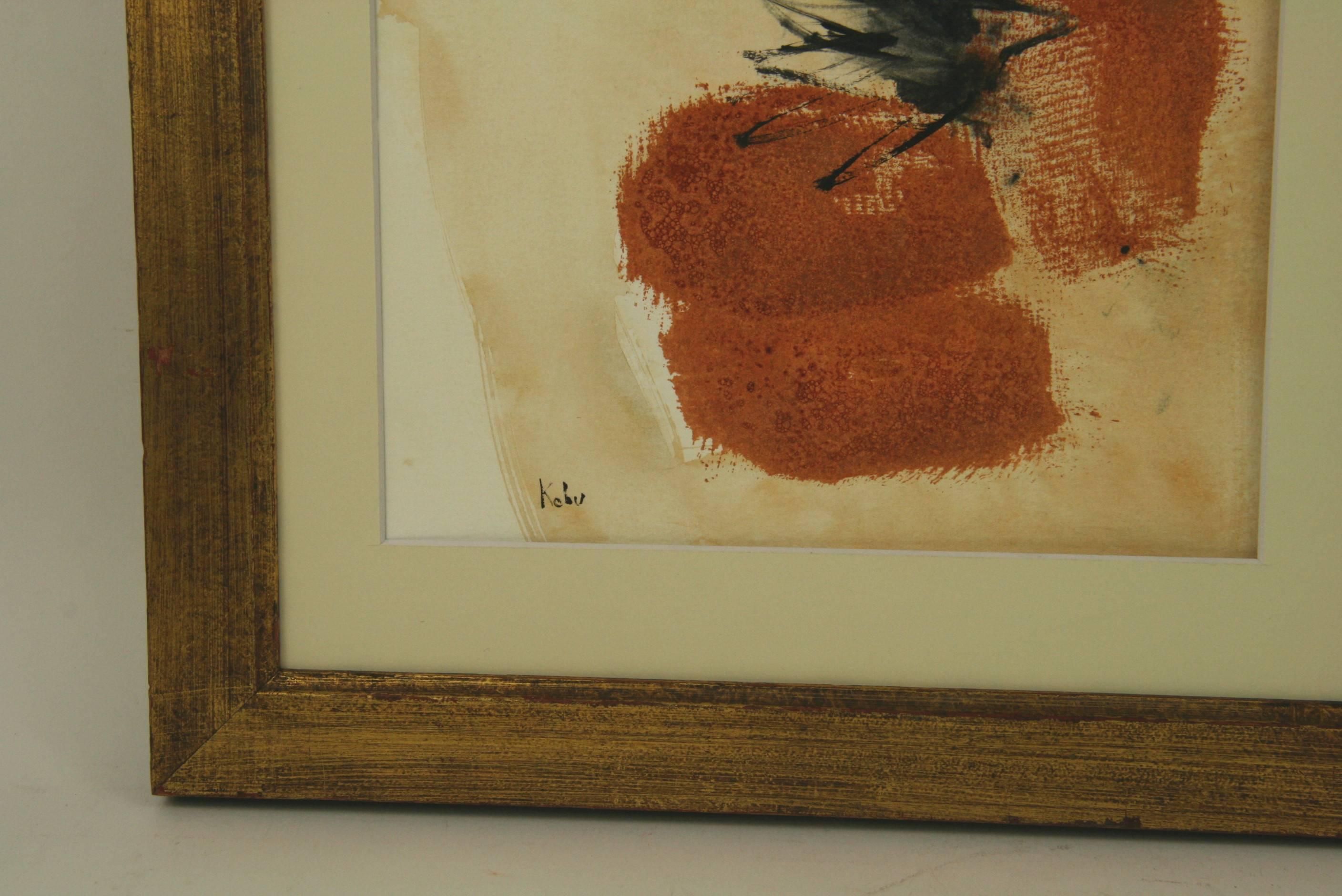 #5-2945 Rust ,a gouache on paper set in a mat and gilt wood frame under glass.Signed lower left by Kobu.
Image size 11H x 8.5 W