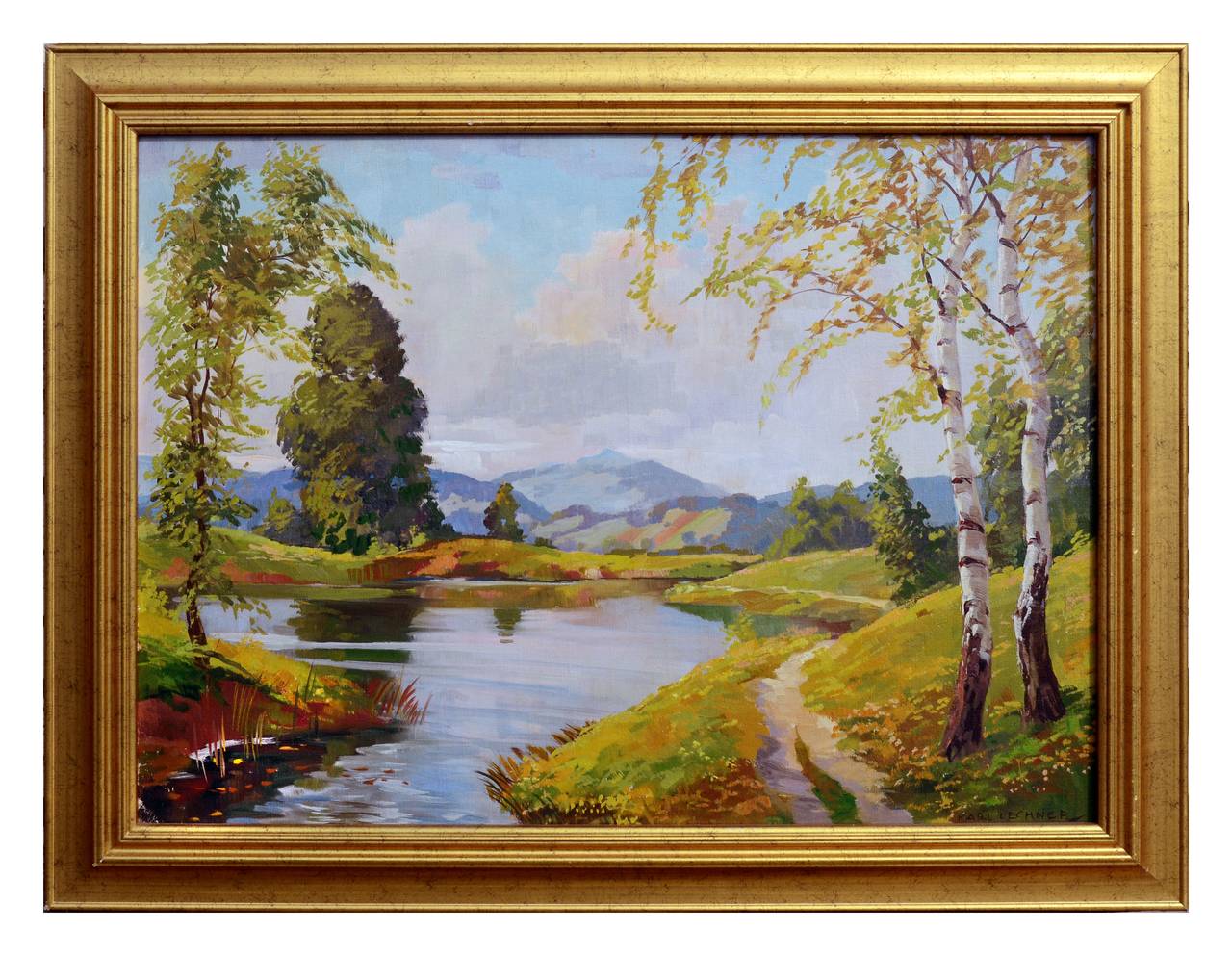 Landscape Painting Karl Lechner - Milieu de siècle Lac serein Paysage impressionniste allemand 