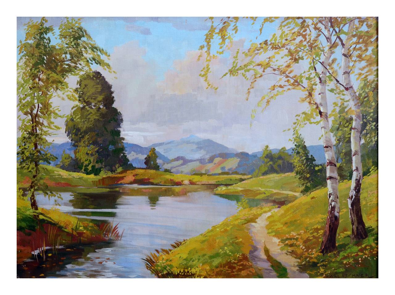 Mid Century Serene Lake German Impressionist Landscape  - Painting by Karl Lechner