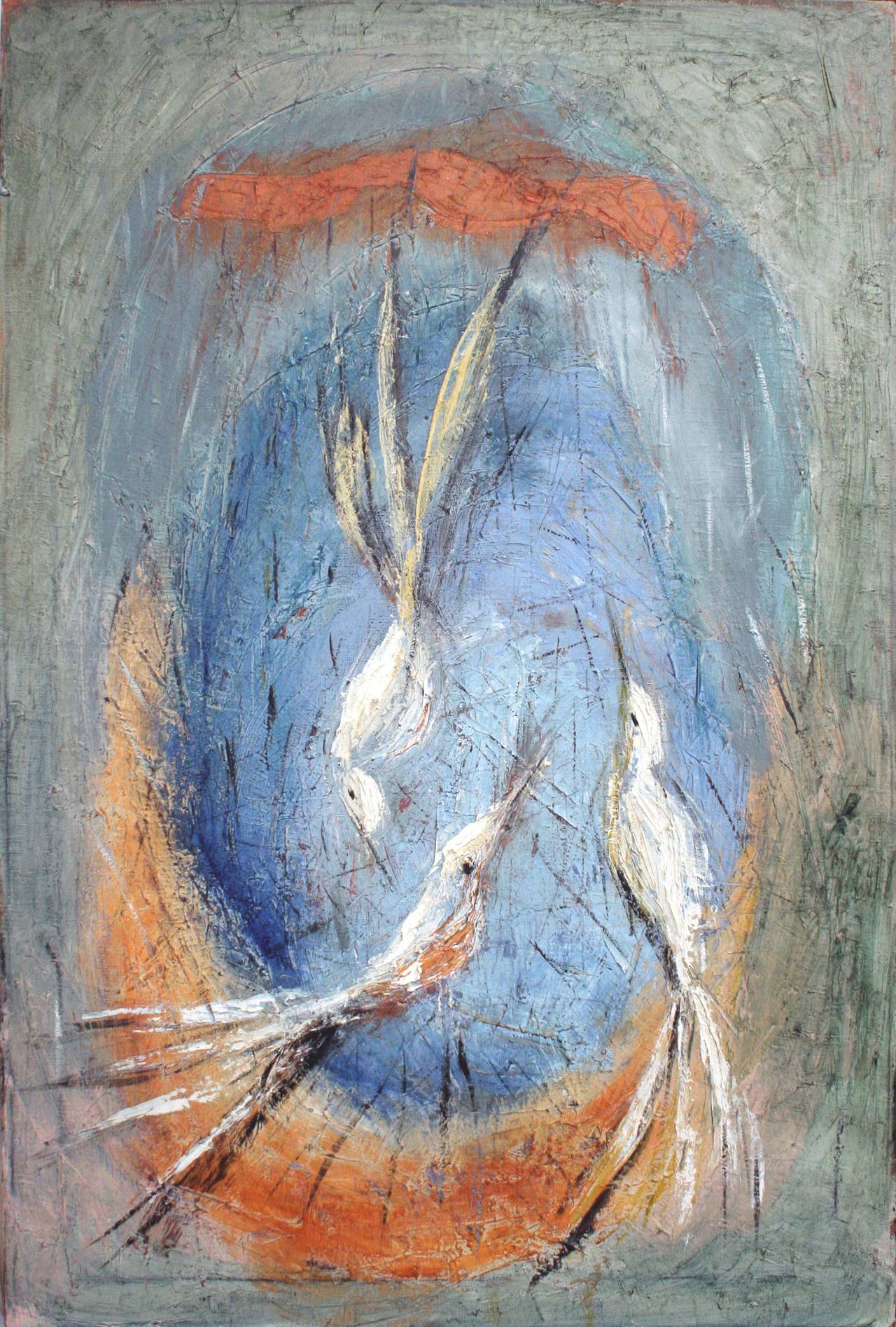 Francisco "Paco" Ferro Abstract Painting - Three Birds Serenading the Moon II - Mid Century Modern Abstract 