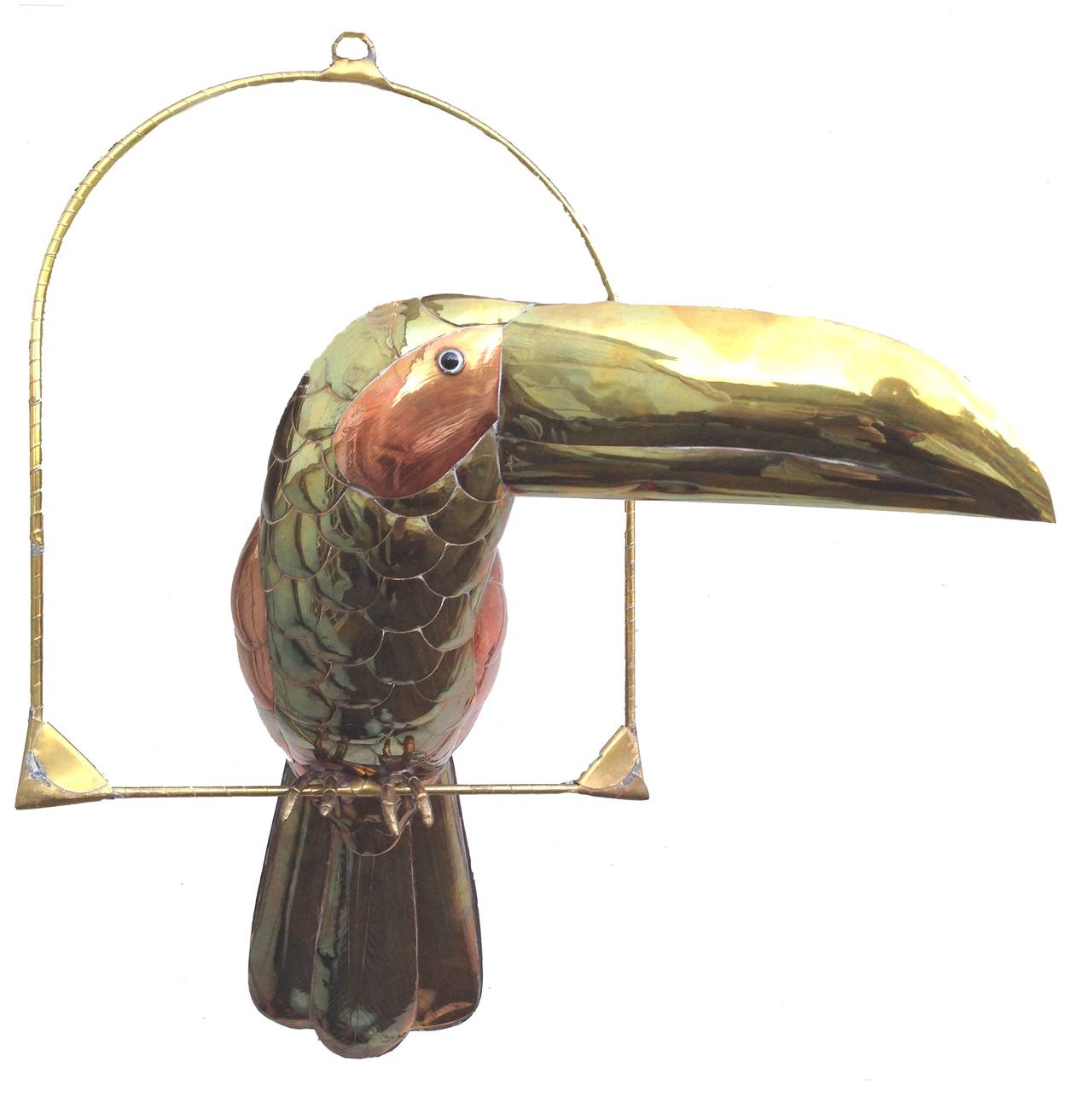 Sergio Bustamante Figurative Sculpture - Brass and Copper Toucan and Hanging Perch
