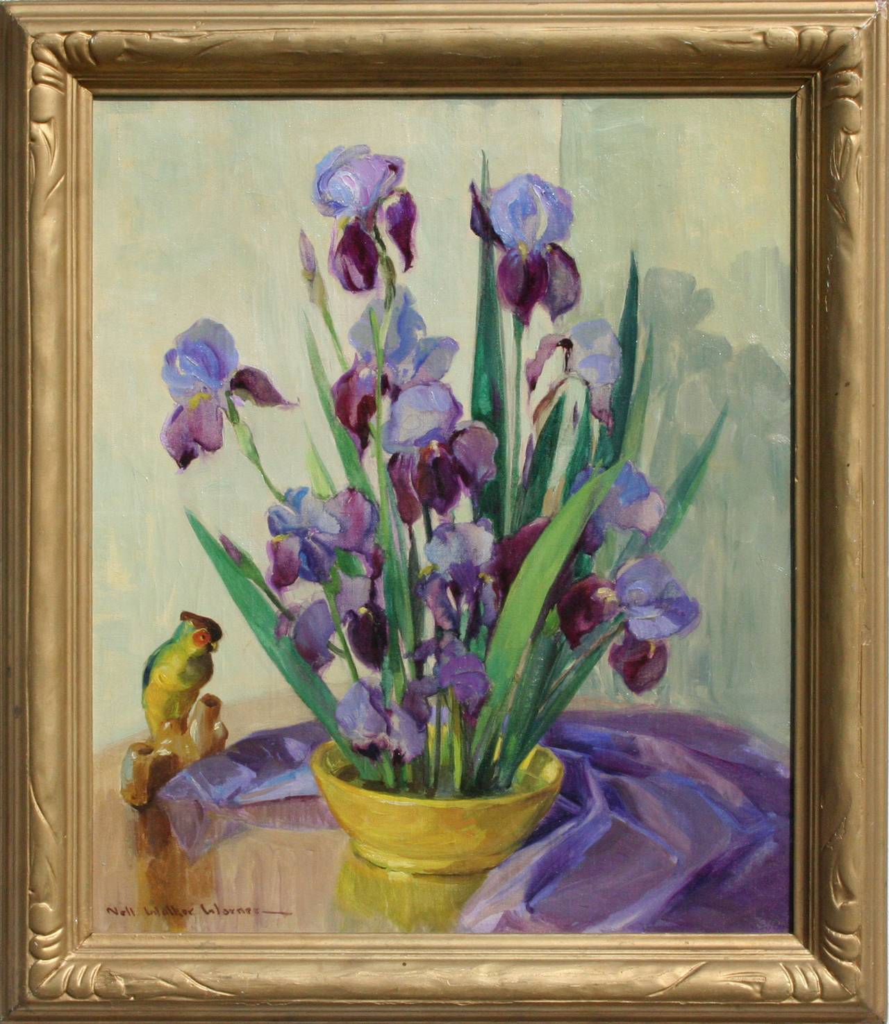 Nell Walker Warner Still-Life Painting - Mid Century Floral Still-Life with Bearded Irises, Parrot Statue, & Purple Drape