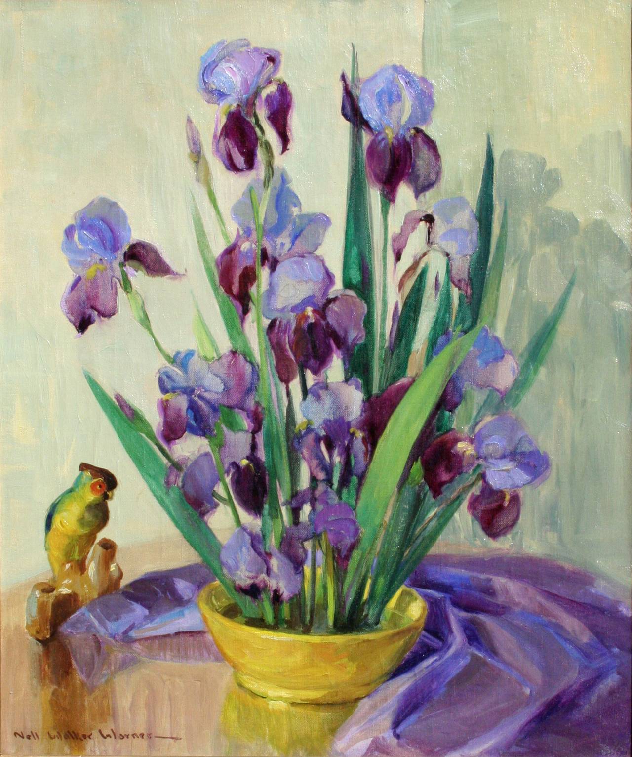 Mid Century Floral Still-Life with Bearded Irises, Parrot Statue, & Purple Drape - Painting by Nell Walker Warner