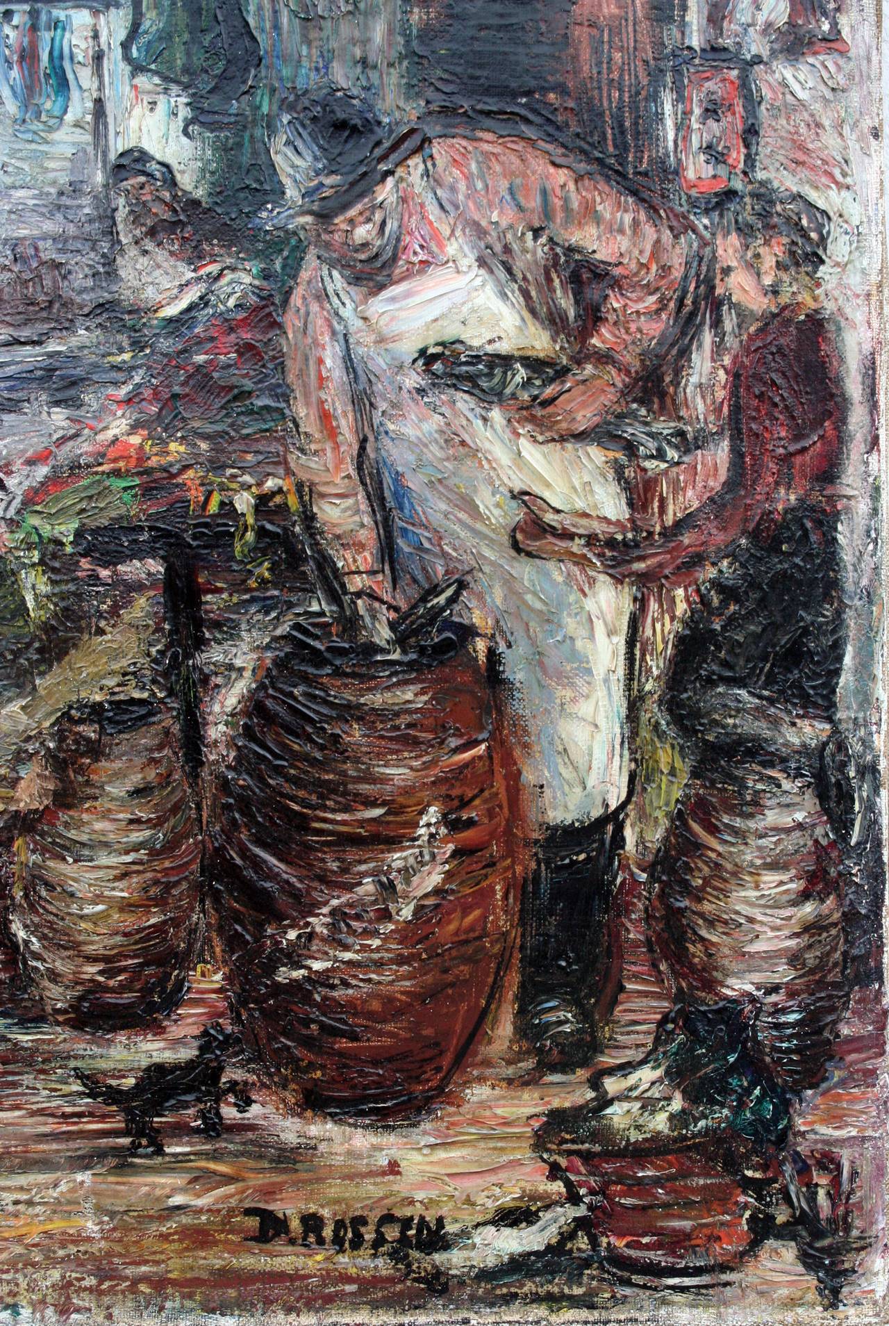 El pescadero, paisaje urbano figurativo de Nueva York de mediados de siglo 1940 Impasto - Figurative Painting Beige de Dorothy Rossen Greenberg