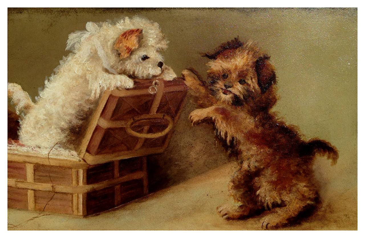 Cairn Terrier-Puppies des späten 19. Jahrhunderts, Hundeporträt – Painting von Katherine L Fitz