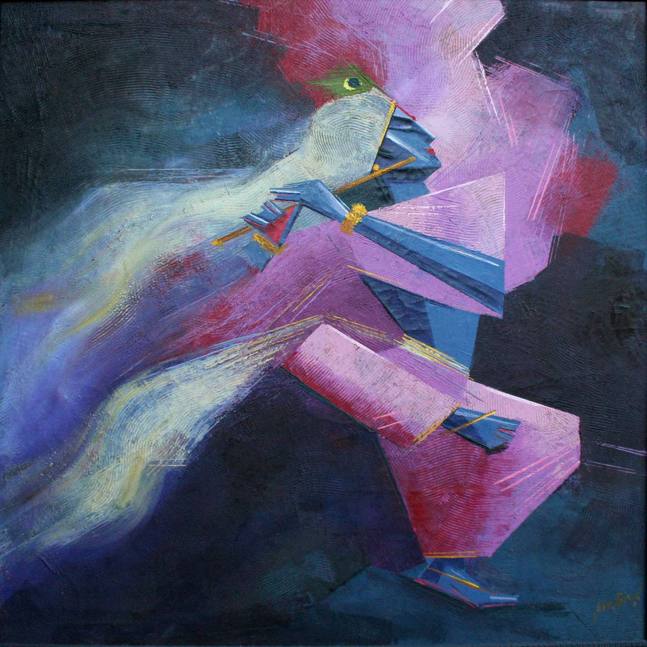 Unknown Abstract Painting - The Flute Player - Cubist Figurative Abstract 