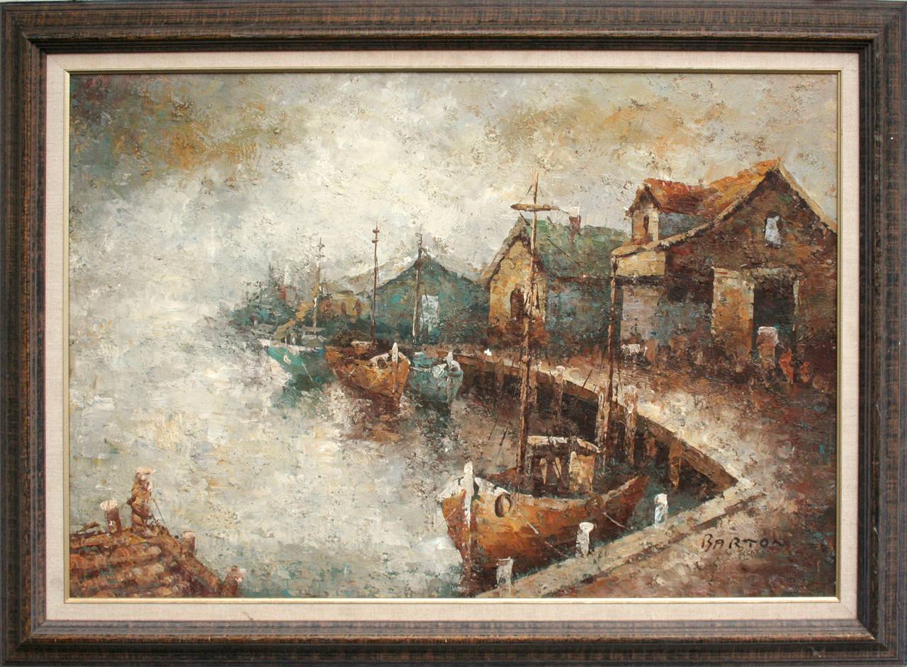 Barton Landscape Painting - Boats at the Old Wharf - Mid Century Earth Tone Impasto Landscape 