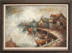 Boats at the Old Wharf - Mid Century Earth Tone Impasto Landscape