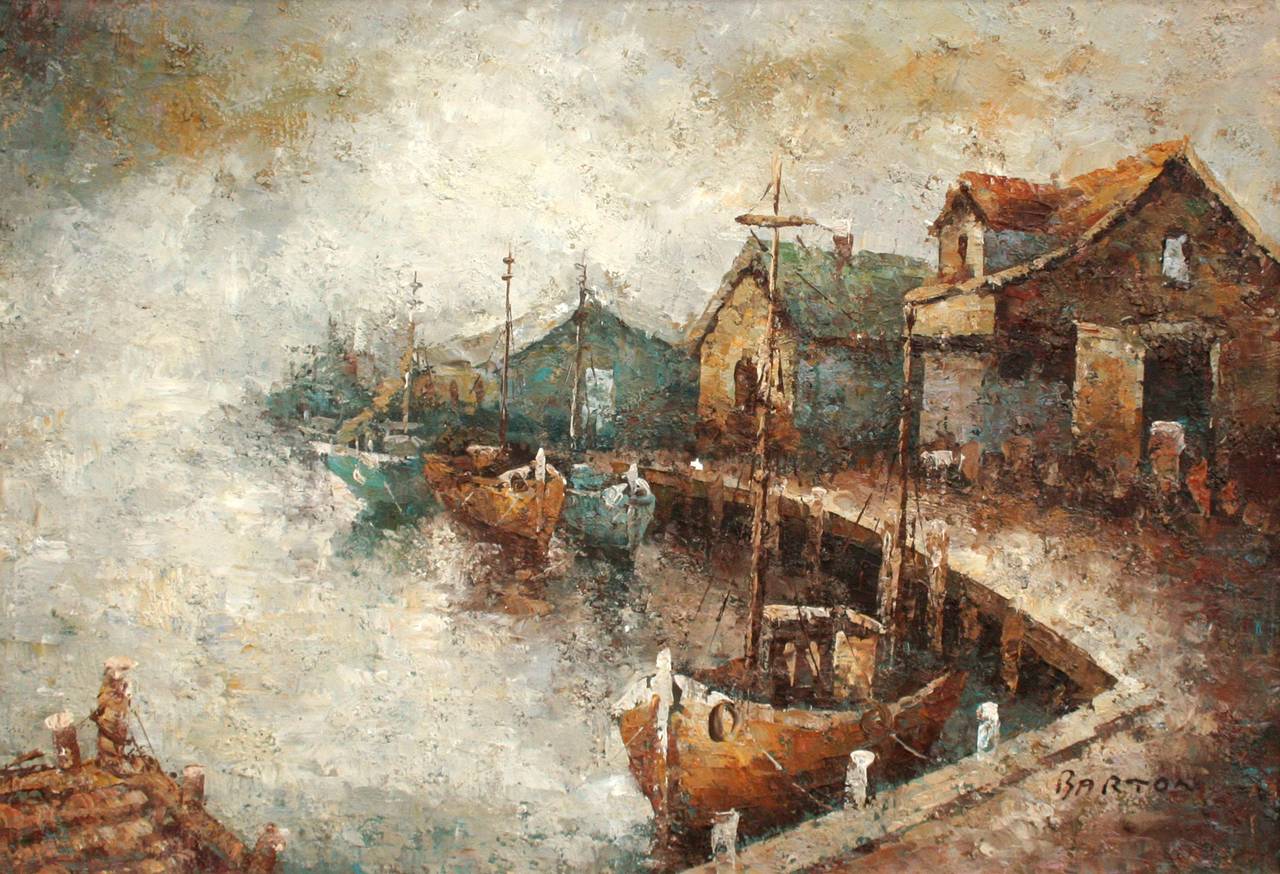 Boats at the Old Wharf - Mid Century Earth Tone Impasto Landscape  - Painting by Barton