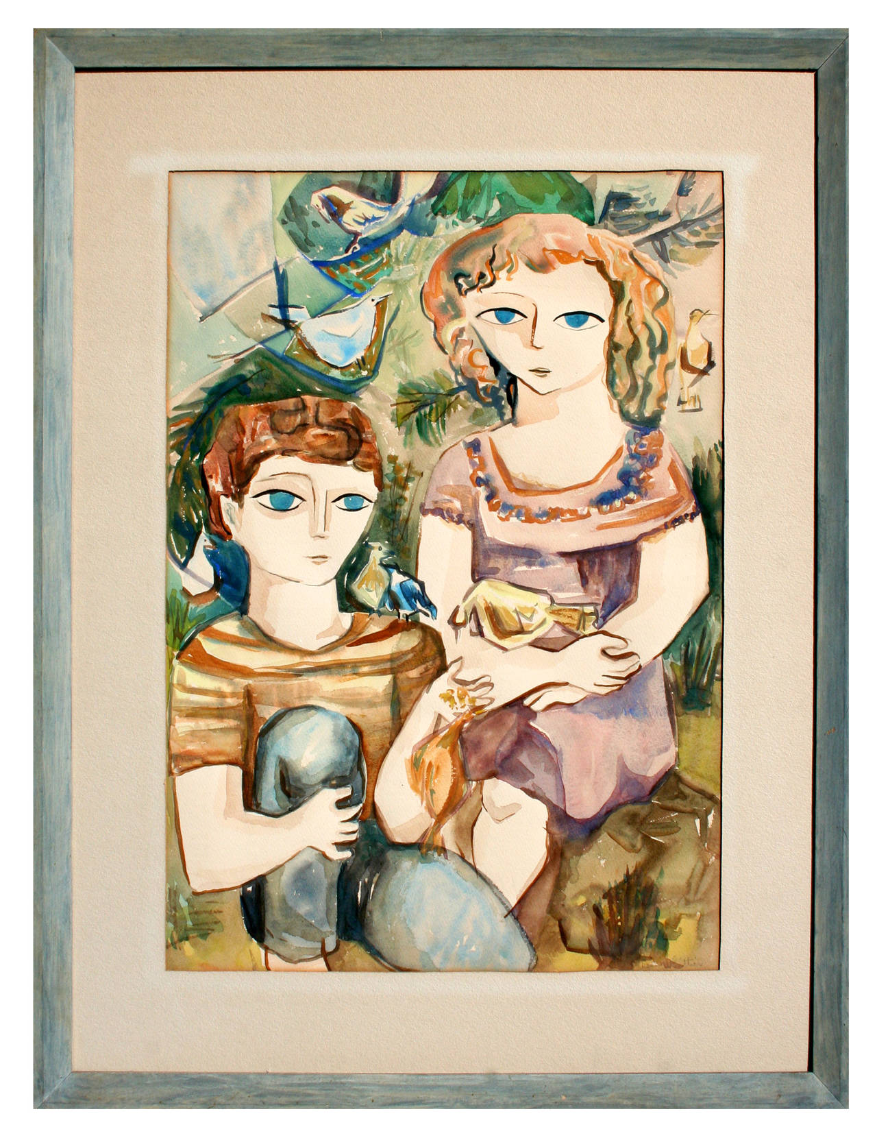 Mid Century Figurative -- Brother and Sister with Birds