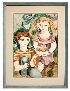 Vintage Mid Century Figurative -- Brother and Sister with Birds