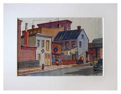 Summer Afternoon Stroll Watercolor Lower Eastside - Urban Modernist 1936 Signed