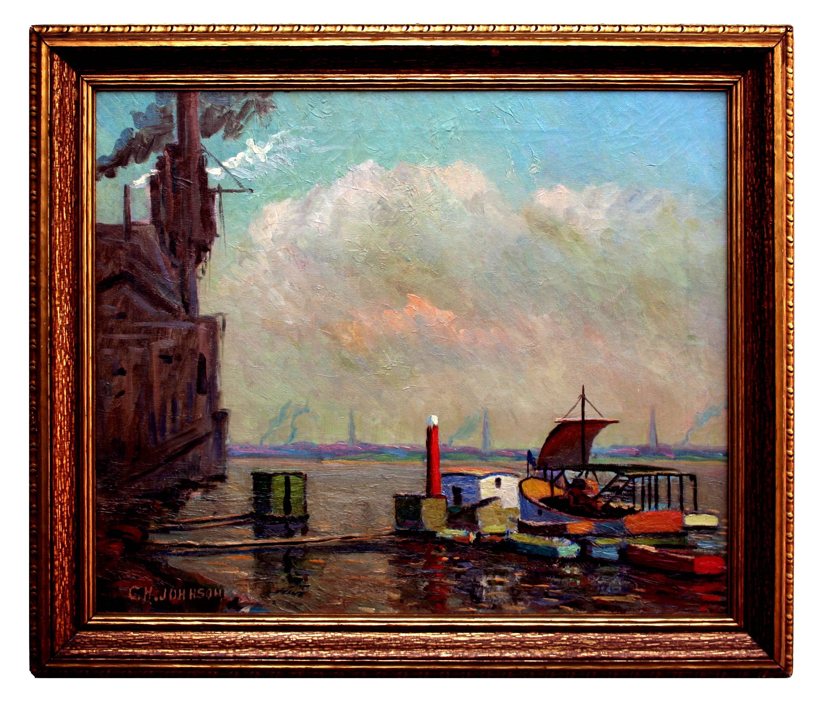  Mid Century Industrial Seascape -- Gloucester Harbor - Painting by Charles Johnson