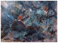 Space Abstract, Mid Century Abstract Expressionism with Grey, Black, Blue, Red