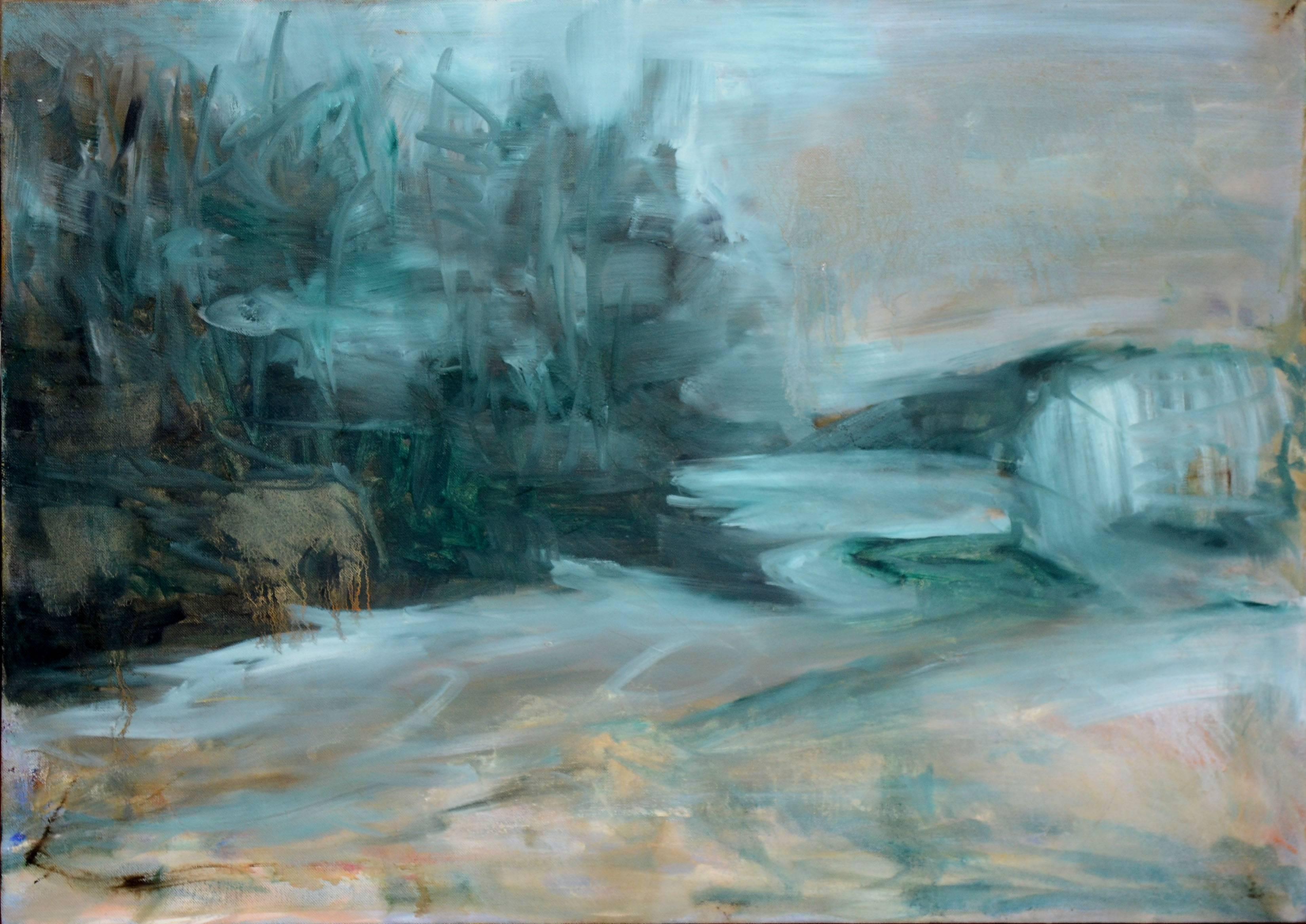 Daniel David Fuentes Landscape Painting - Large-Scale Modern Abstracted Teal Landscape