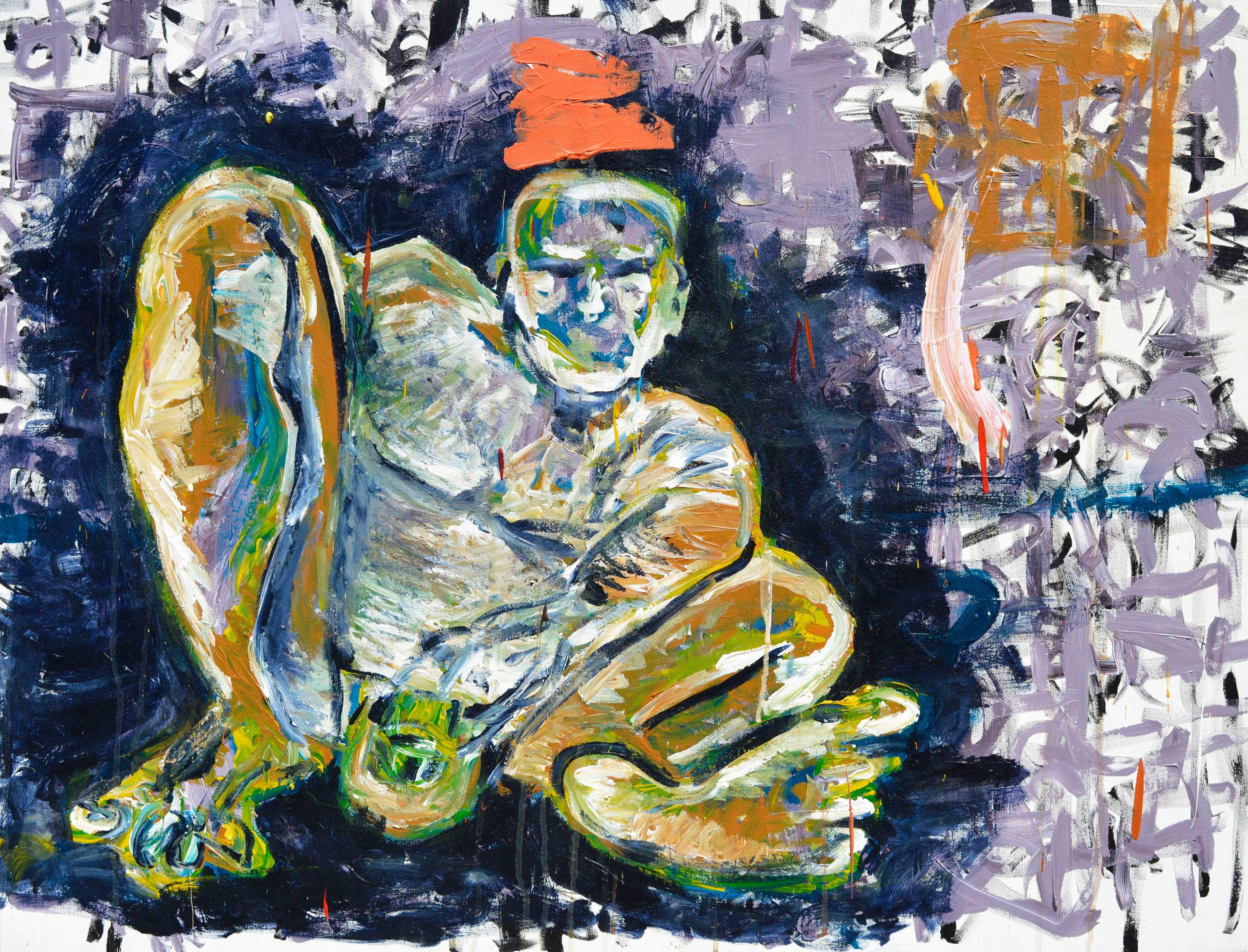 Daniel David Fuentes Figurative Painting - Abstract Expressionist Seated Figure with Clown Hat
