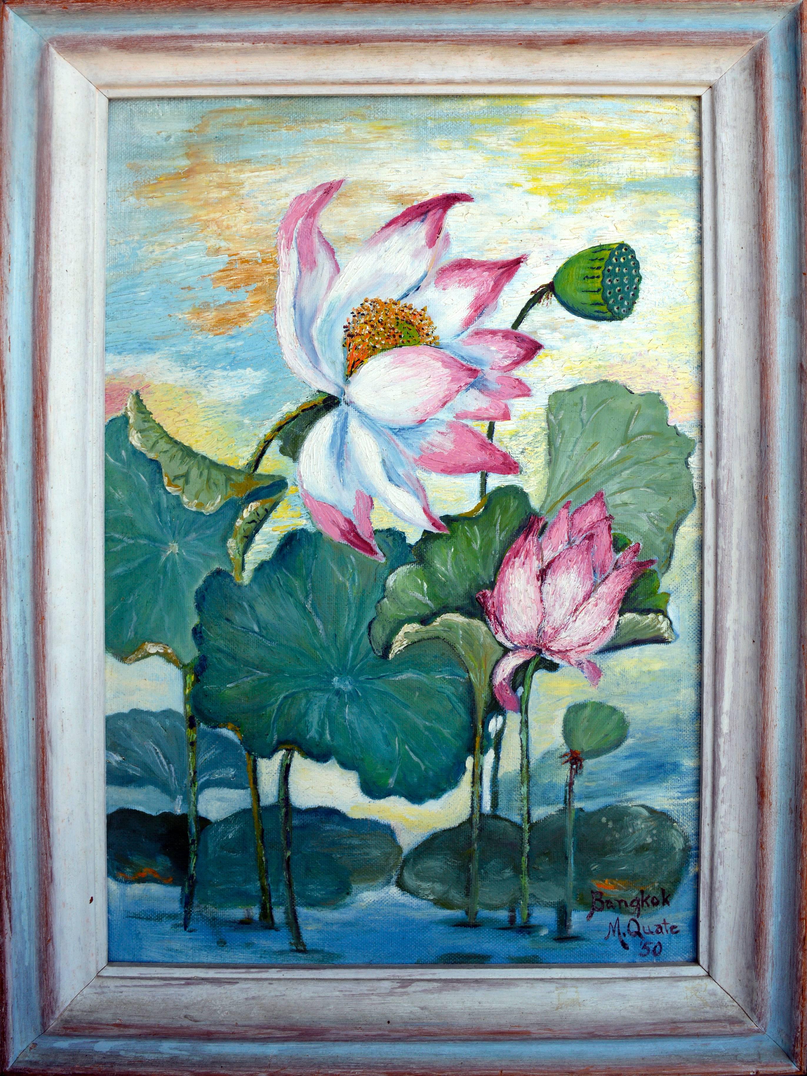 Marge Quate Burt Landscape Painting – Lotus-Stillleben aus der Mitte des Jahrhunderts, florale Landschaft von Bangkok auf der Rückseite (Doppelseitig) 