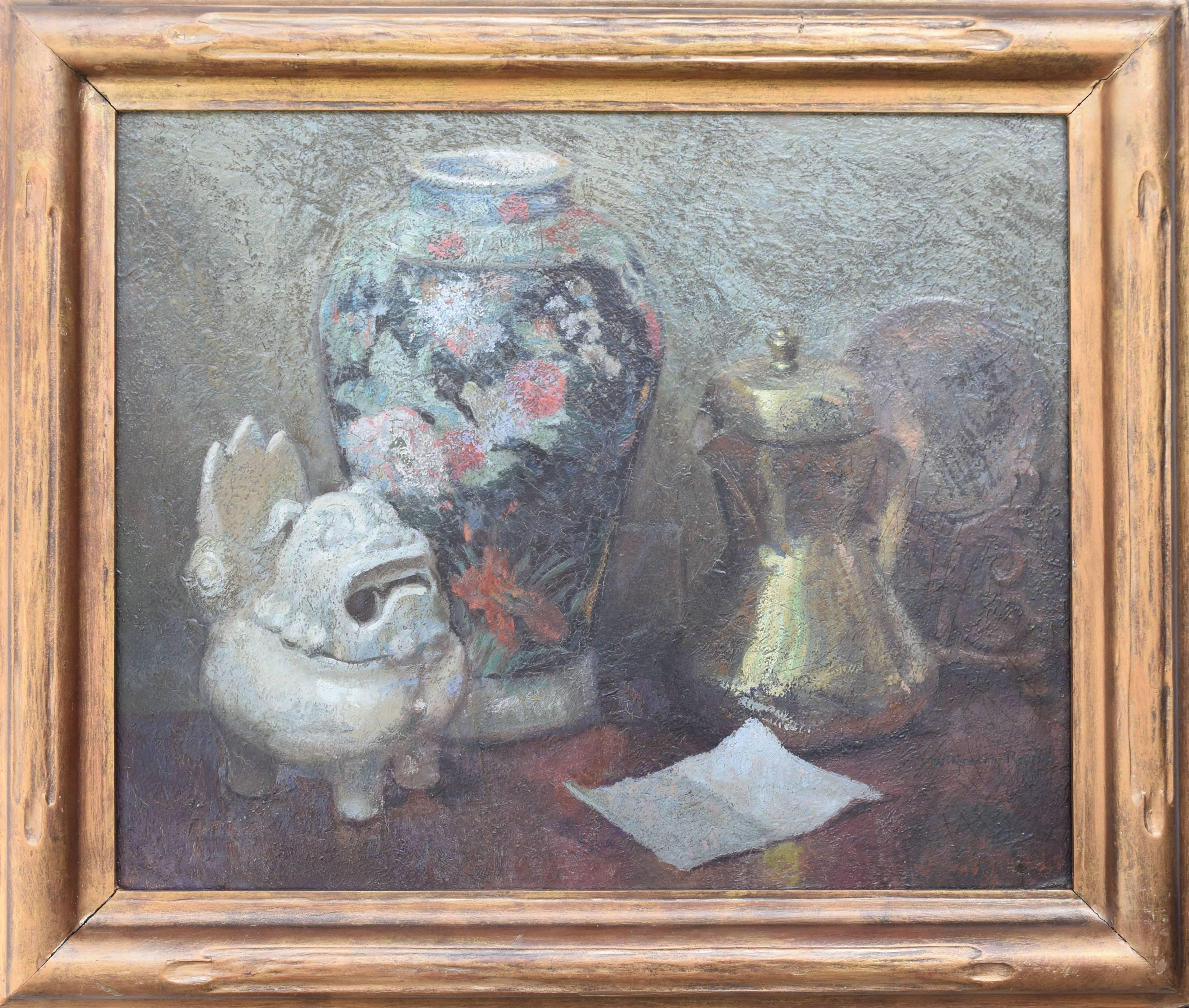 Wilfred A. Readio Still-Life Painting - 1920's Still Life with Japanese Shisa