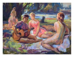 Vintage Picnic in the Park - Mid Century Figurative Landscape 