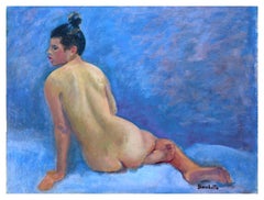 Retro Mid Century Nude Study, Reclining Figure on Blue