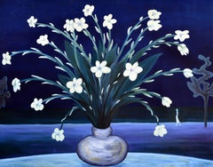 Plumeria Night - Paysage figuratif surréaliste avec vase de fleurs 