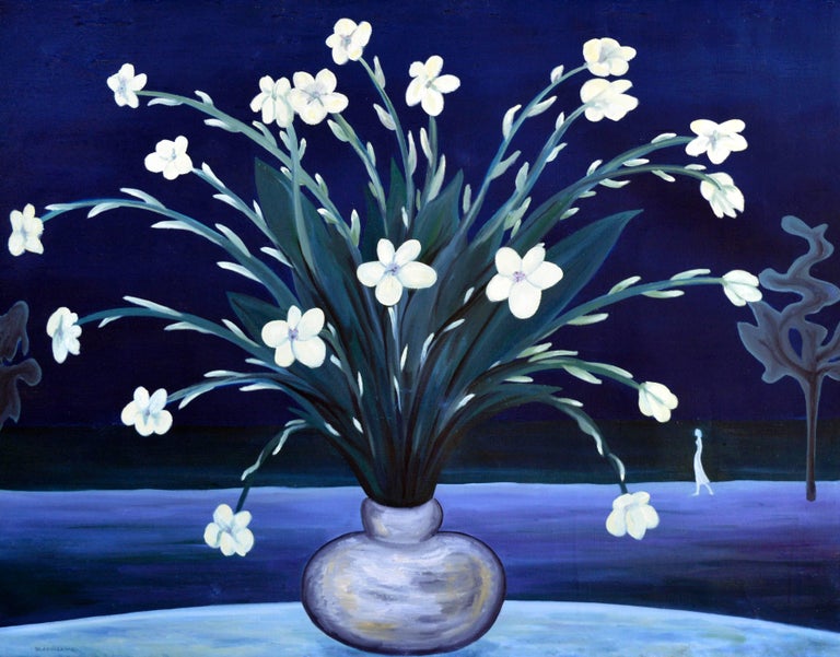 Marguerite Blasingame Landscape Painting - Plumeria Night - Surreal Nocturnal Figurative Landscape with Vase of Flowers 