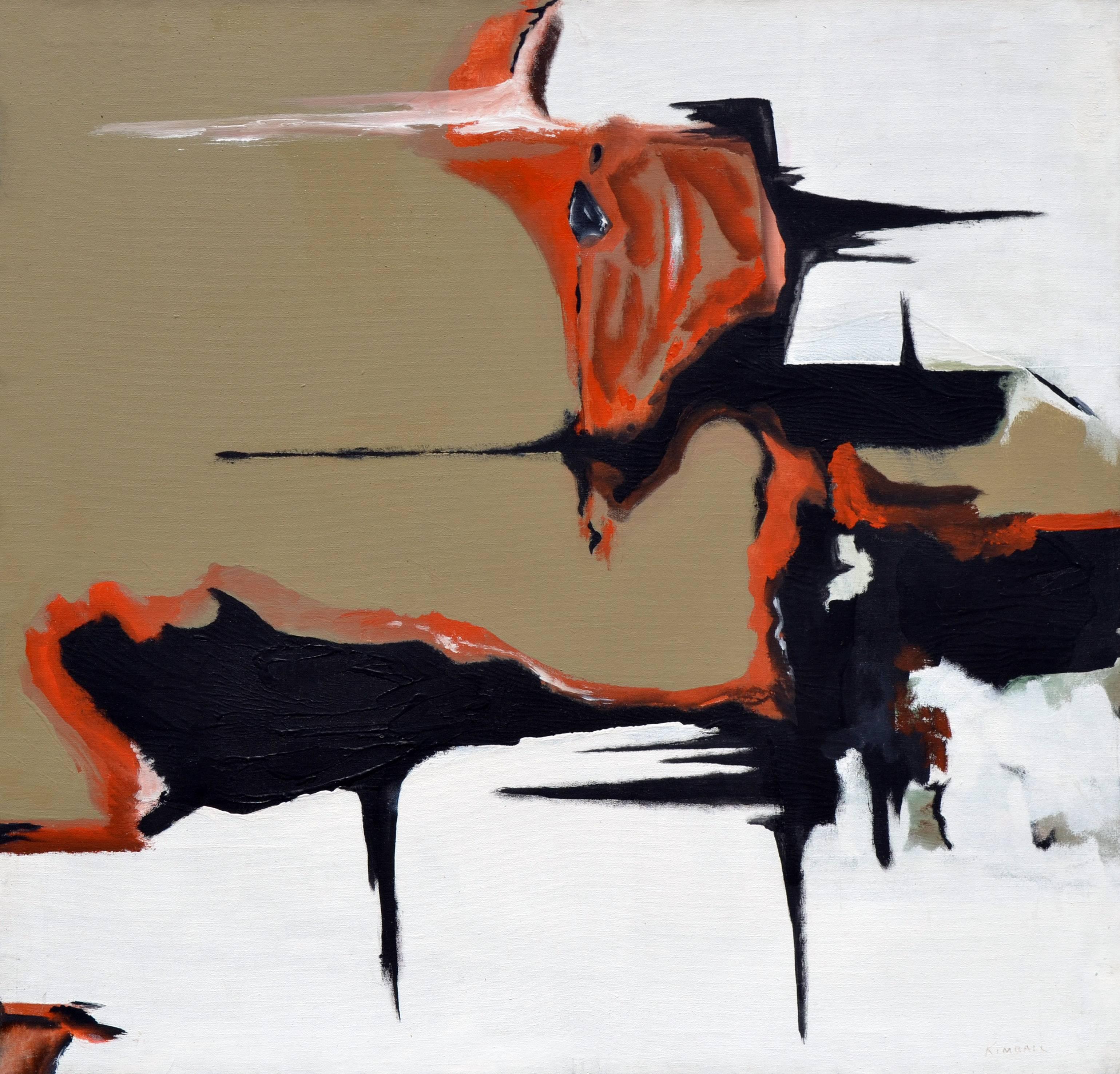 Abstract Painting di Unknown - Astratto nero, marrone e arancione del Mid Century Modern