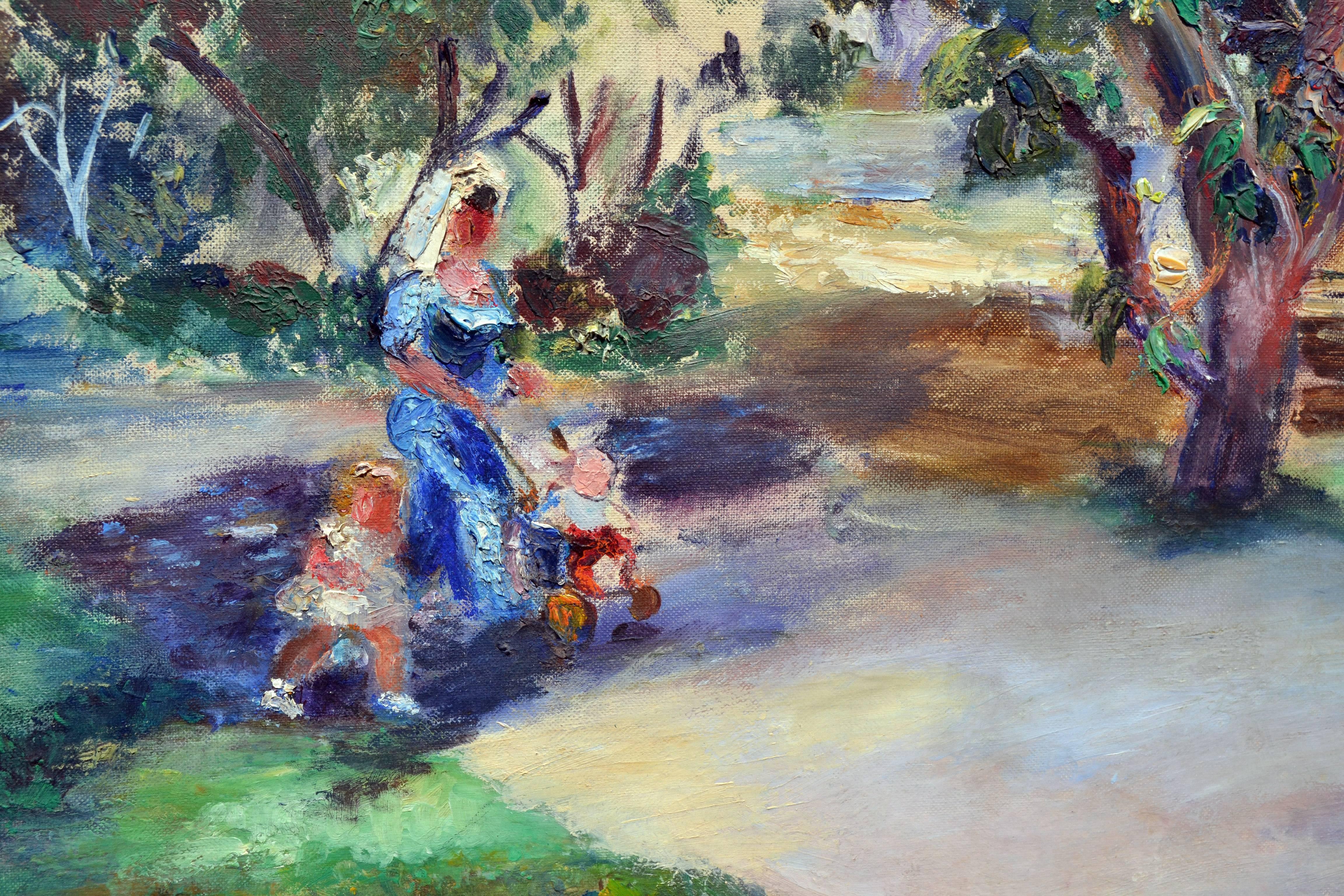 Paysage figuratif du milieu du siècle dernier - Une promenade dans le parc - Impressionnisme abstrait Painting par Frances Beatrice Lieberman