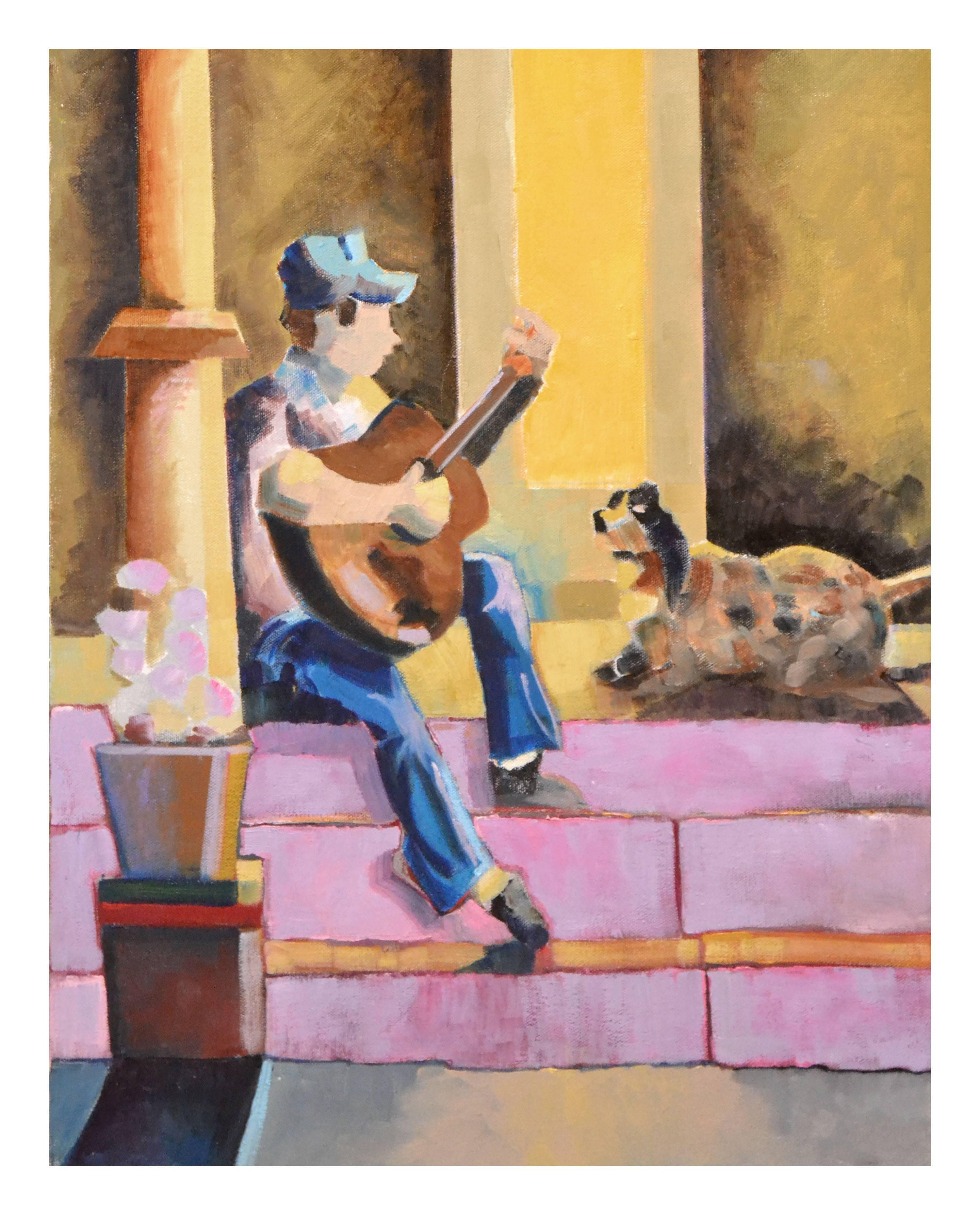 Michael William Eggleston Landscape Painting - Man, and his Guitar Serenading His Dog Figurative