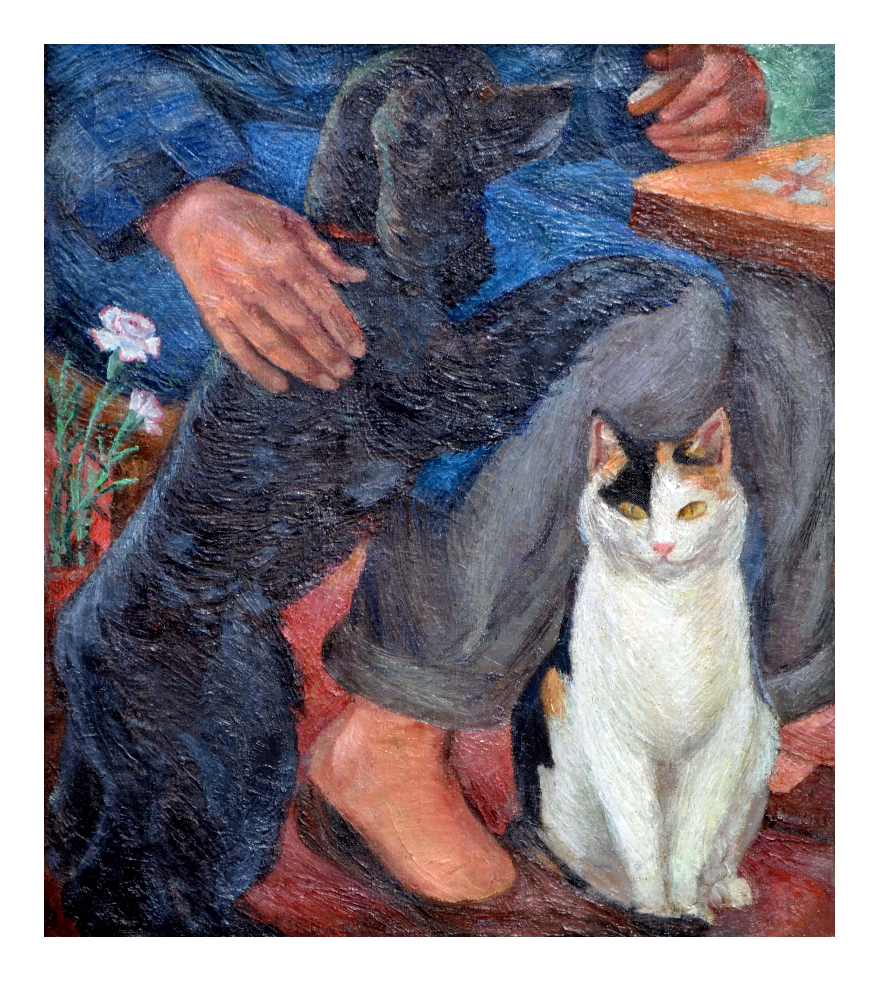 Elizabeth Evelyn Sherman Sellon Figurative Painting - Mid Century At the Cafe -- Cat and Dog 