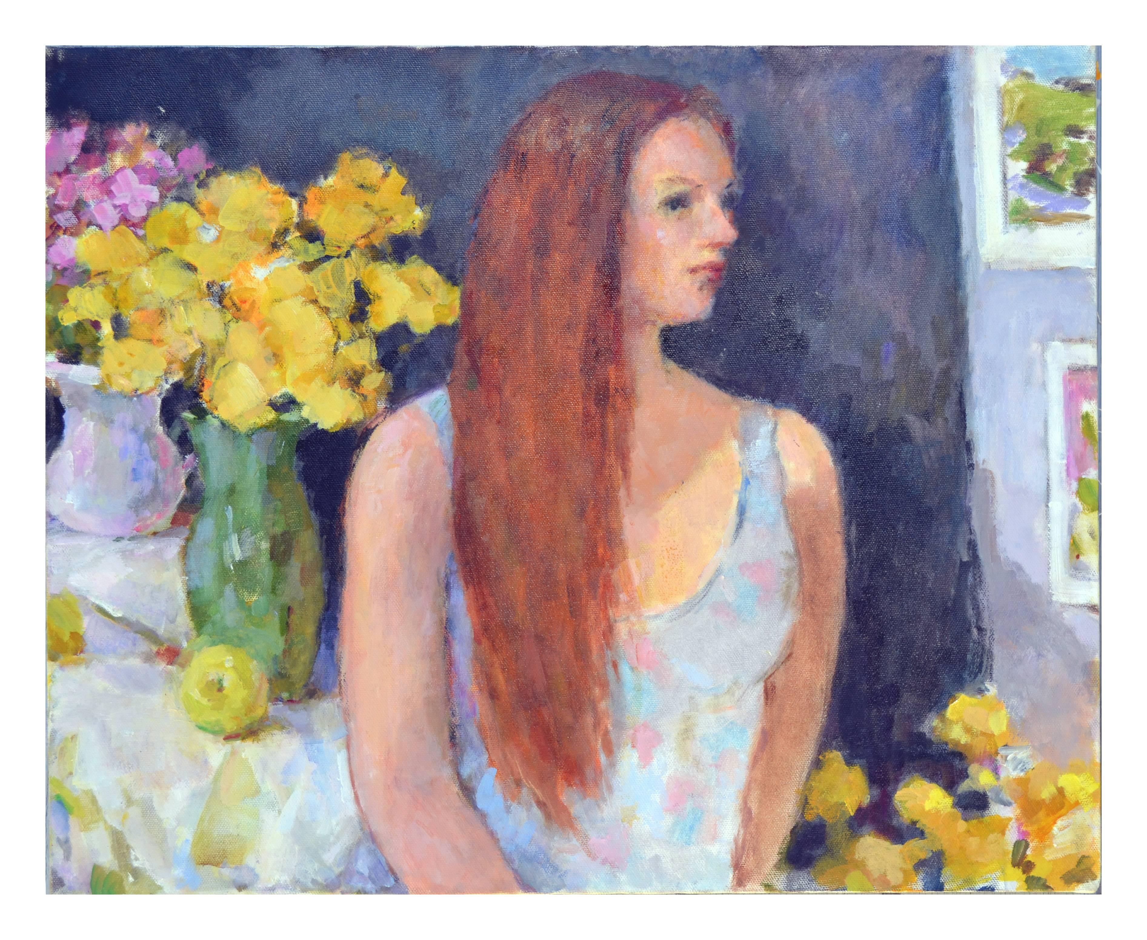 Patricia Emrich Gillfillan Figurative Painting – Vintage-Porträt einer roten Frau mit gelben Rosen