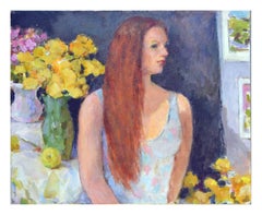 Vintage Portrait of Red Headed Woman with Yellow Roses