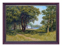 Paysage  grande chelle peint  l'huile sur toile -- L't au bord du lac 