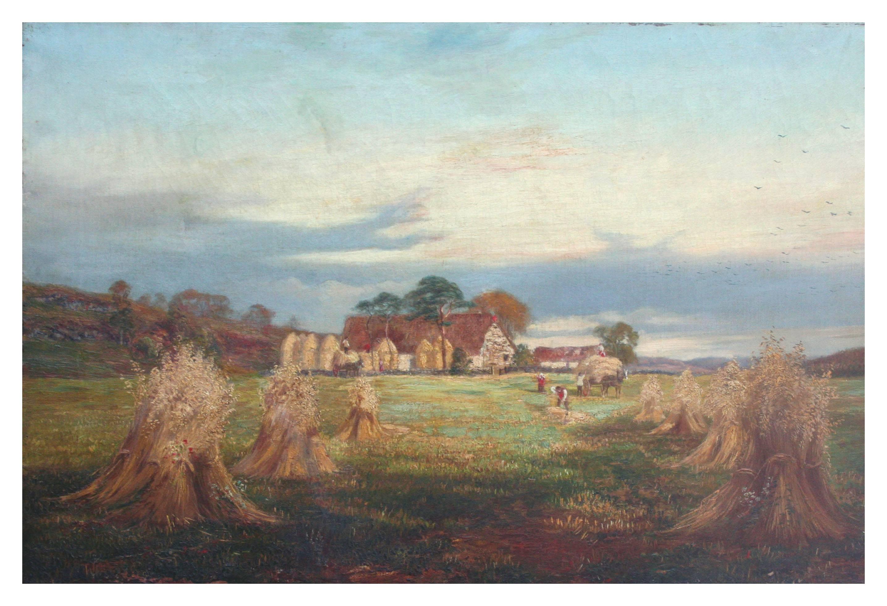 J. Morison Landscape Painting - Late 19th Century Scottish Figural Landscape, "The Ingathering, Rowan Tree HIll"