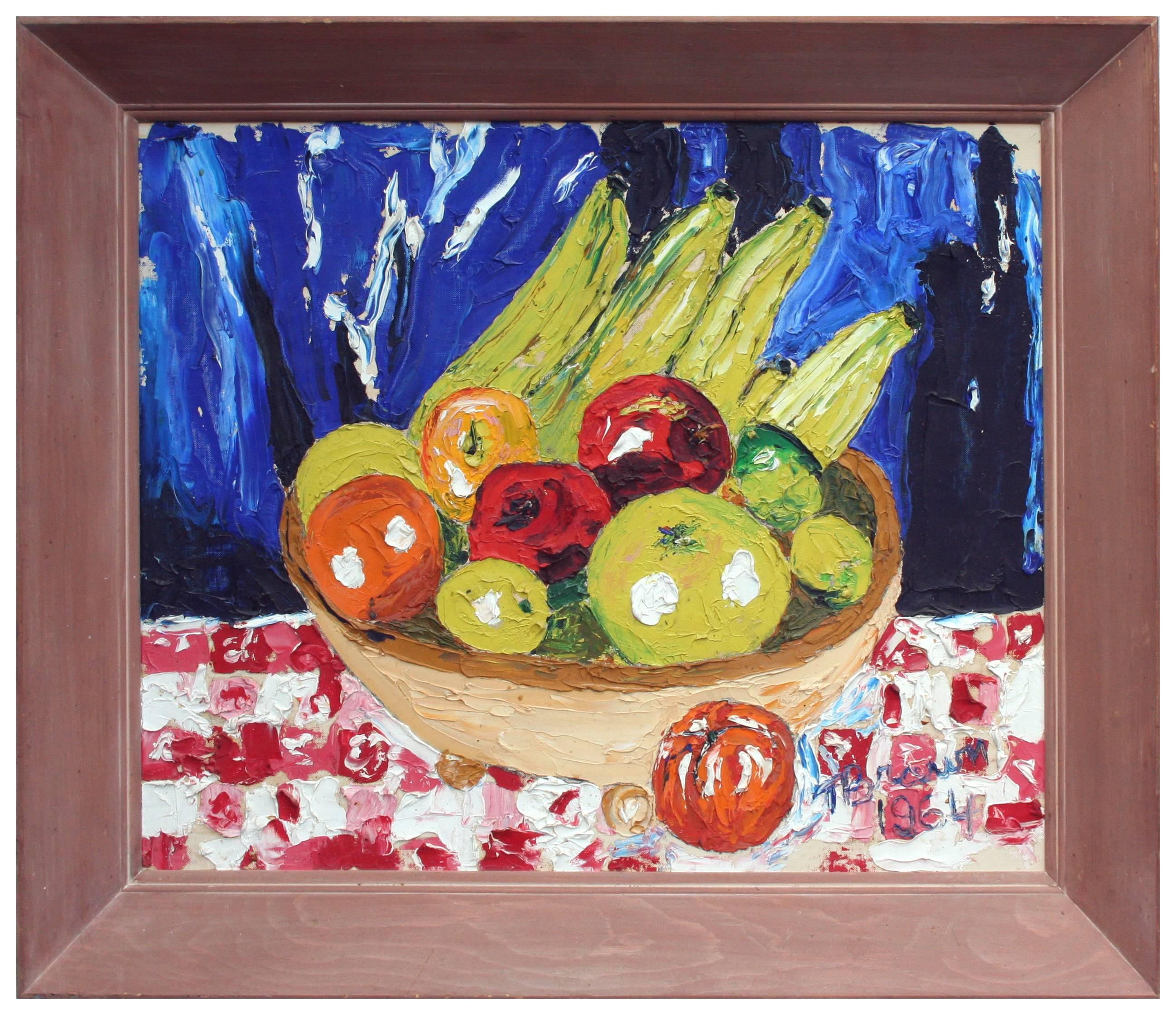 T. Brown Still-Life Painting - Mid Century Modern Fauvist Basket of Fruit Still-Life in Primary Colors