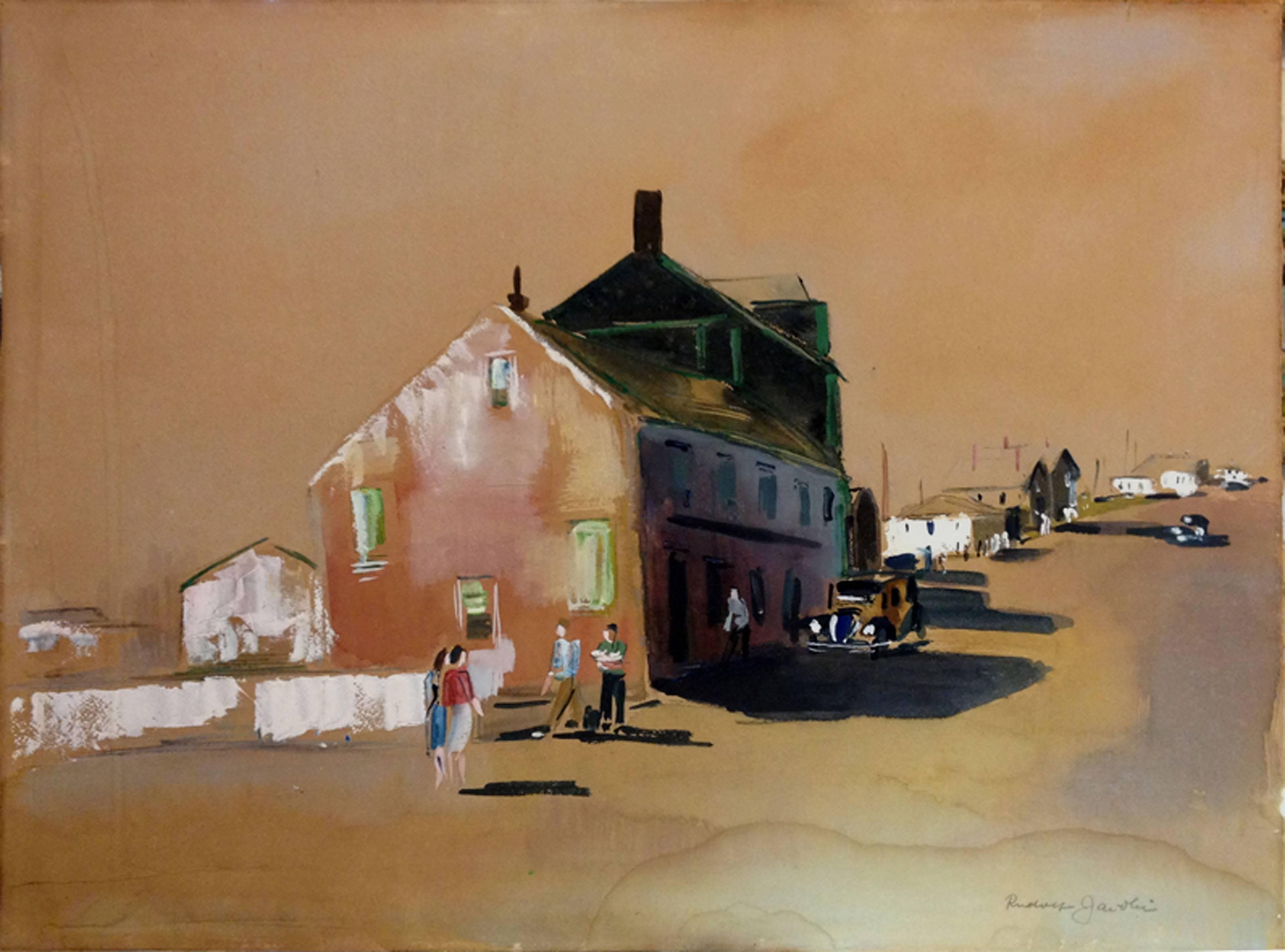 Afternoon Street Scene - Mid Century Figurative Landscape by Rudolf Jacobi - Painting by Rudolph Jacobi